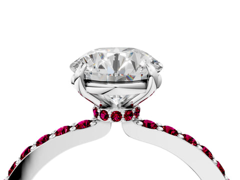 White gold Round Cut Diamond Pavé Engagement Ring with Round with Garnet side stone Accents and Prong Setting_52
