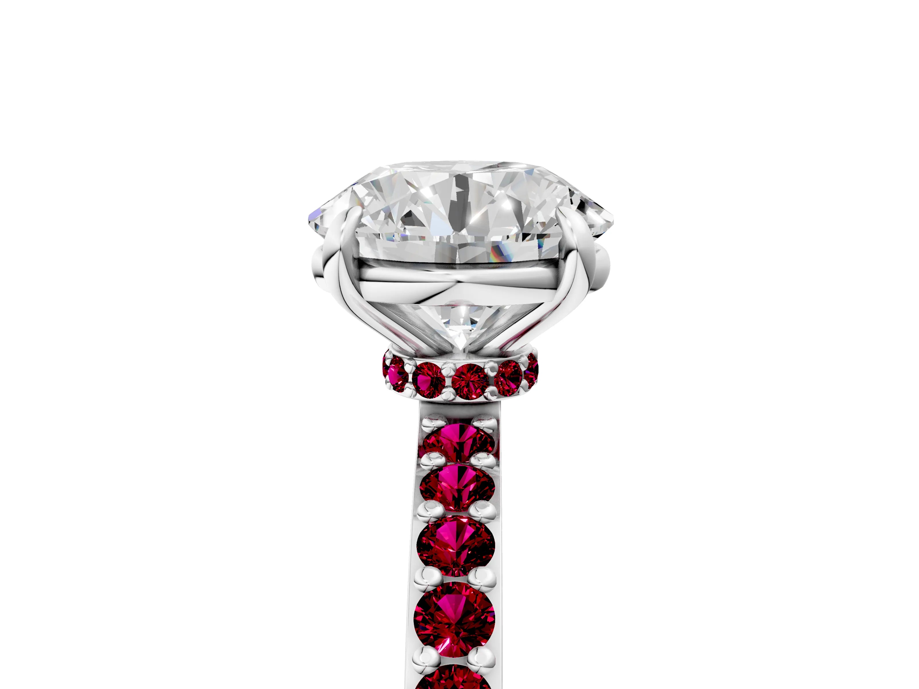 White gold Round Cut Diamond Pavé Engagement Ring with Round with Garnet side stone Accents and Prong Setting_53