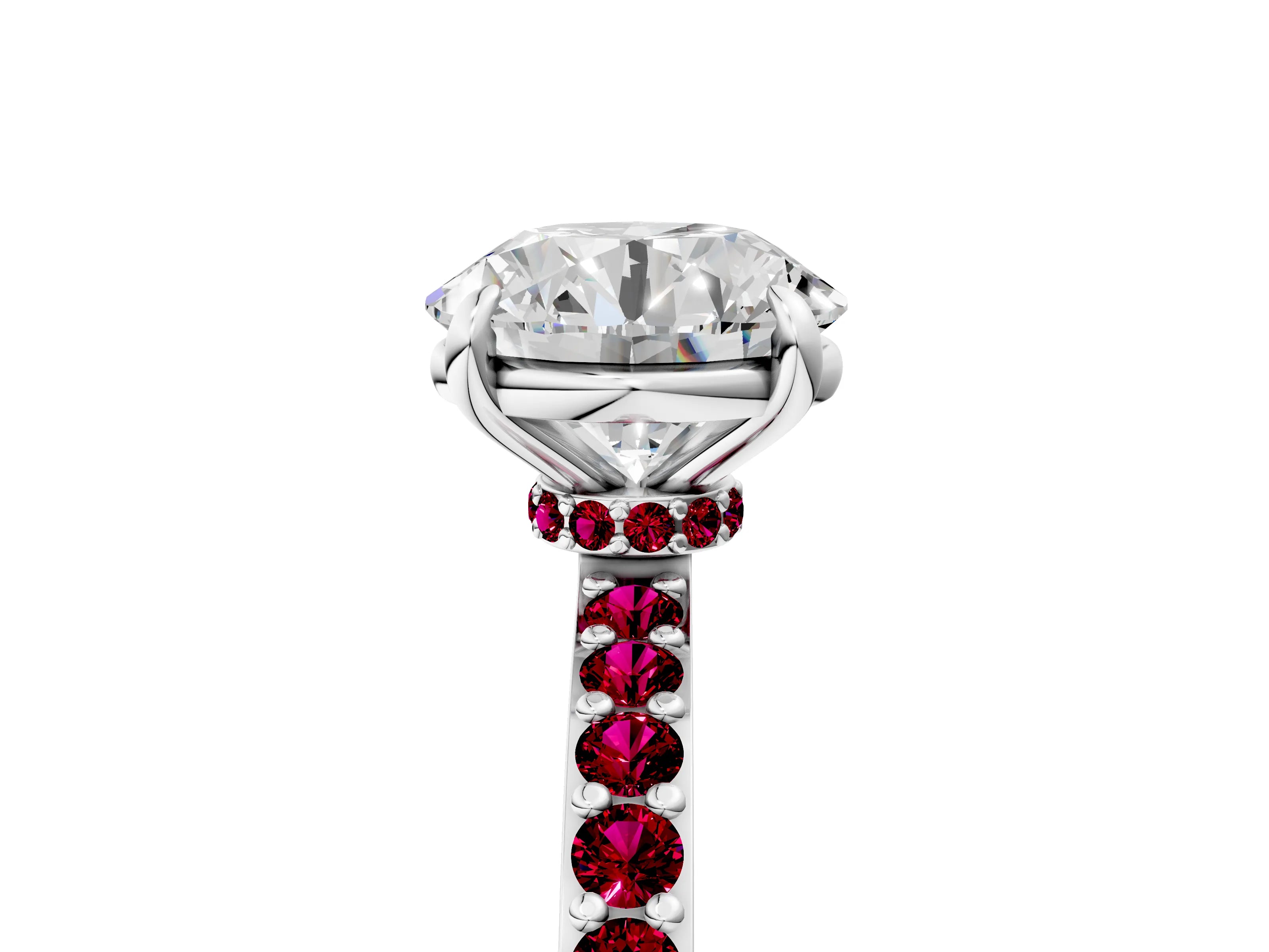White gold Round Cut Diamond Pavé Engagement Ring with Round with Garnet side stone Accents and Prong Setting_5