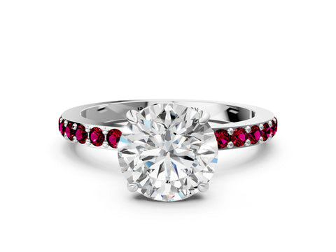 White gold Round Cut Diamond Pavé Engagement Ring with Round with Garnet side stone Accents and Prong Setting