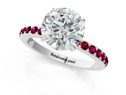 White gold Round Cut Diamond Pavé Engagement Ring with Round with Garnet side stone Accents and Prong Setting_97