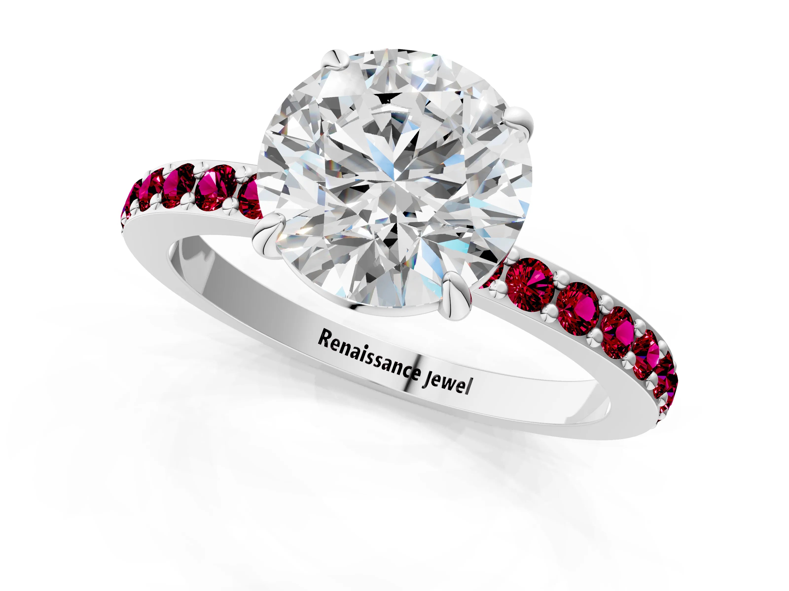 White gold Round Cut Diamond Pavé Engagement Ring with Round with Garnet side stone Accents and Prong Setting_97