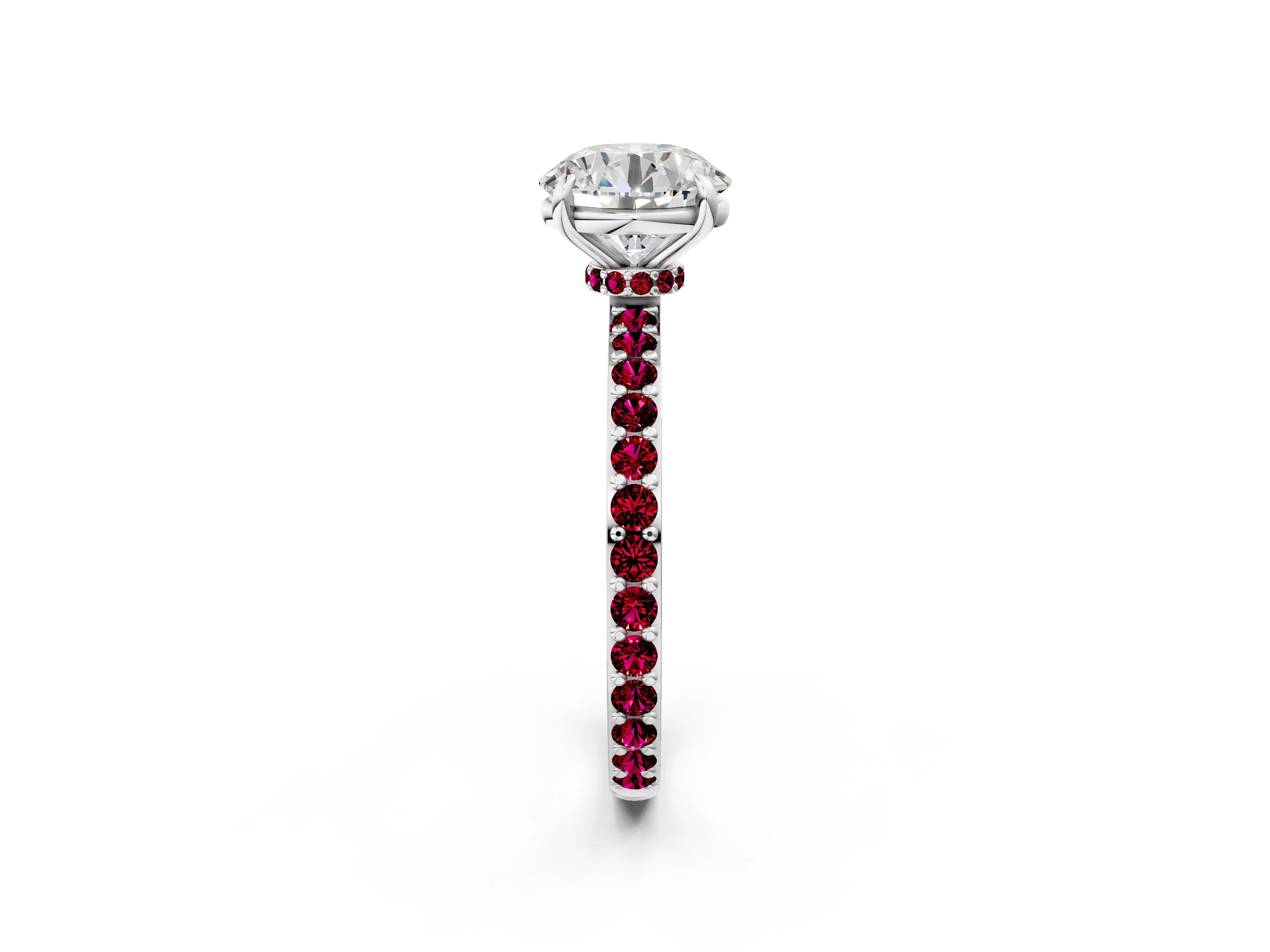 White gold Round Cut Diamond Pavé Engagement Ring with Round with Garnet side stone Accents and Prong Setting_98