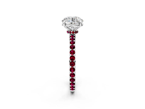 White gold Round Cut Diamond Pavé Engagement Ring with Round with Garnet side stone Accents and Prong Setting_98