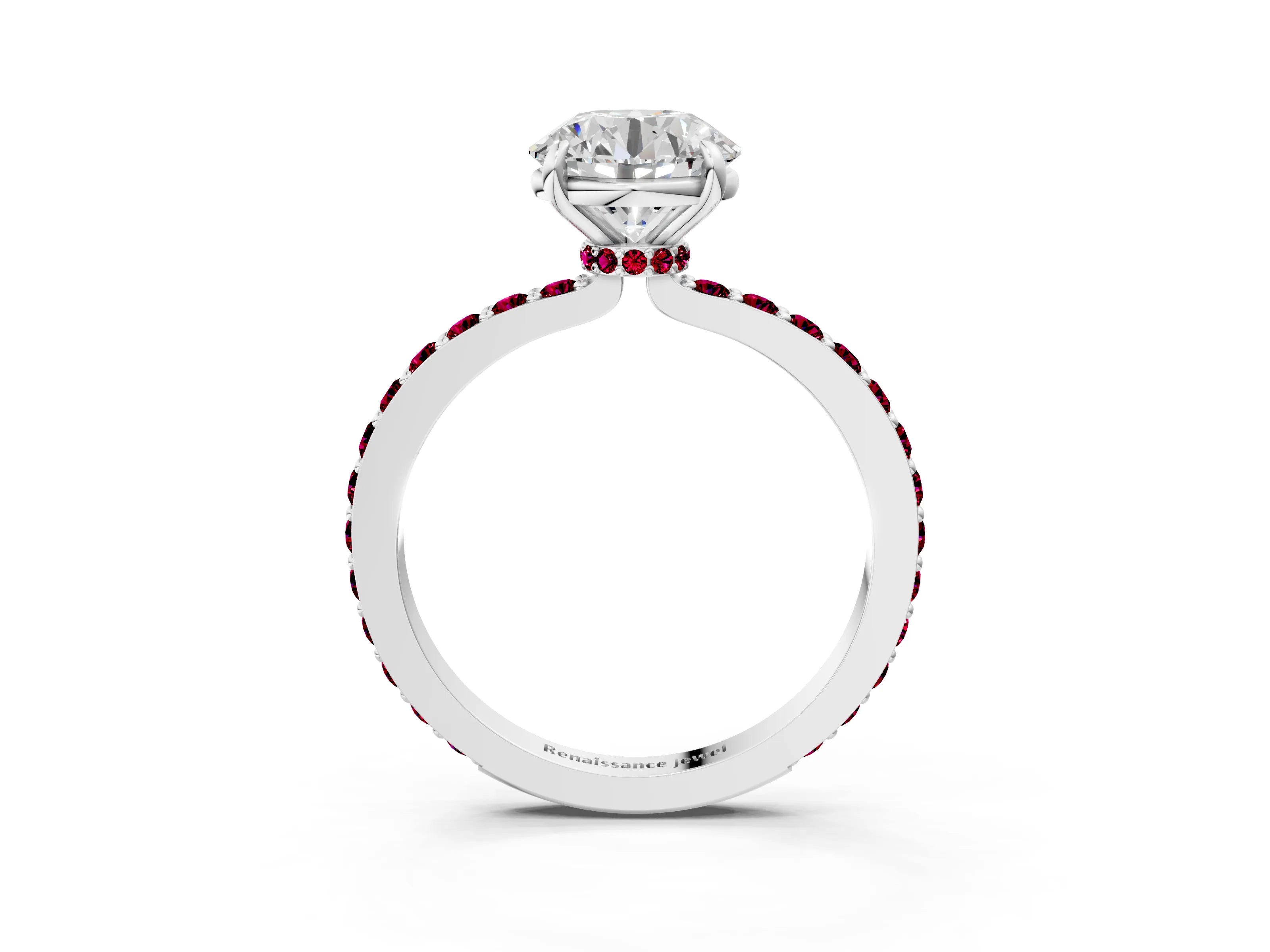 White gold Round Cut Diamond Pavé Engagement Ring with Round with Garnet side stone Accents and Prong Setting_99