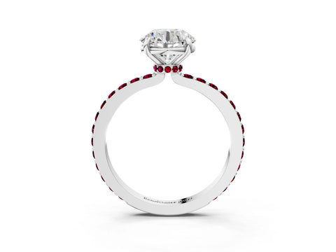 White gold Round Cut Diamond Pavé Engagement Ring with Round with Garnet side stone Accents and Prong Setting_99