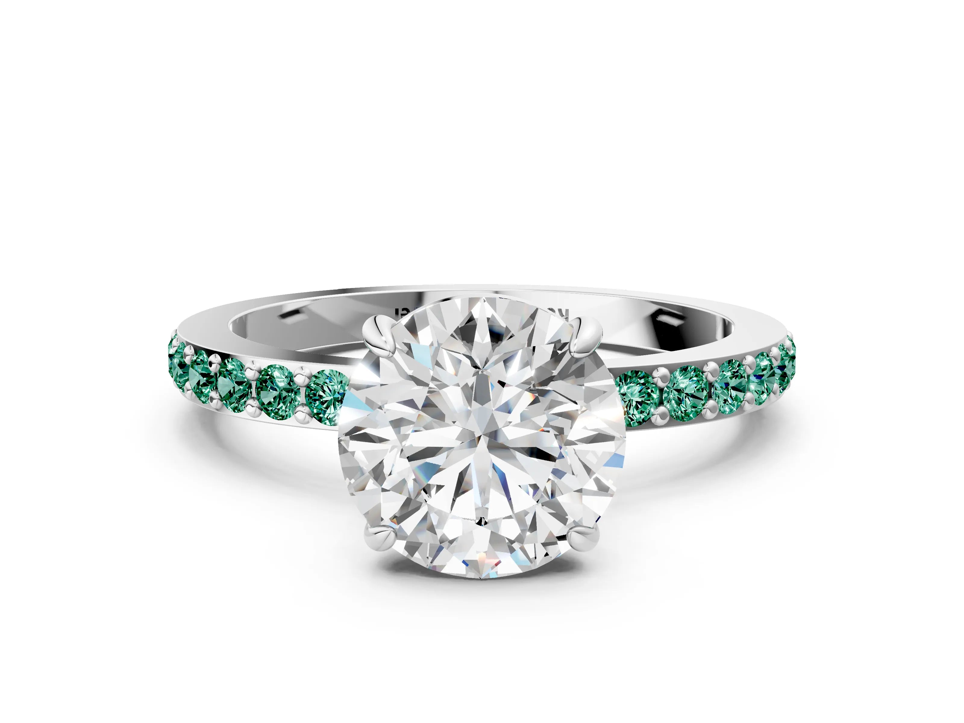 White gold Round Cut Diamond Pavé Engagement Ring with Round with Green Sapphire side stone Accents and Prong Setting
