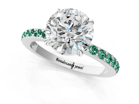 White gold Round Cut Diamond Pavé Engagement Ring with Round with Green Sapphire side stone Accents and Prong Setting_1