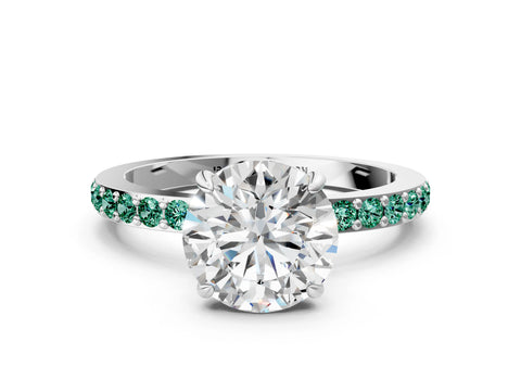 White gold Round Cut Diamond Pavé Engagement Ring with Round with Green Sapphire side stone Accents and Prong Setting