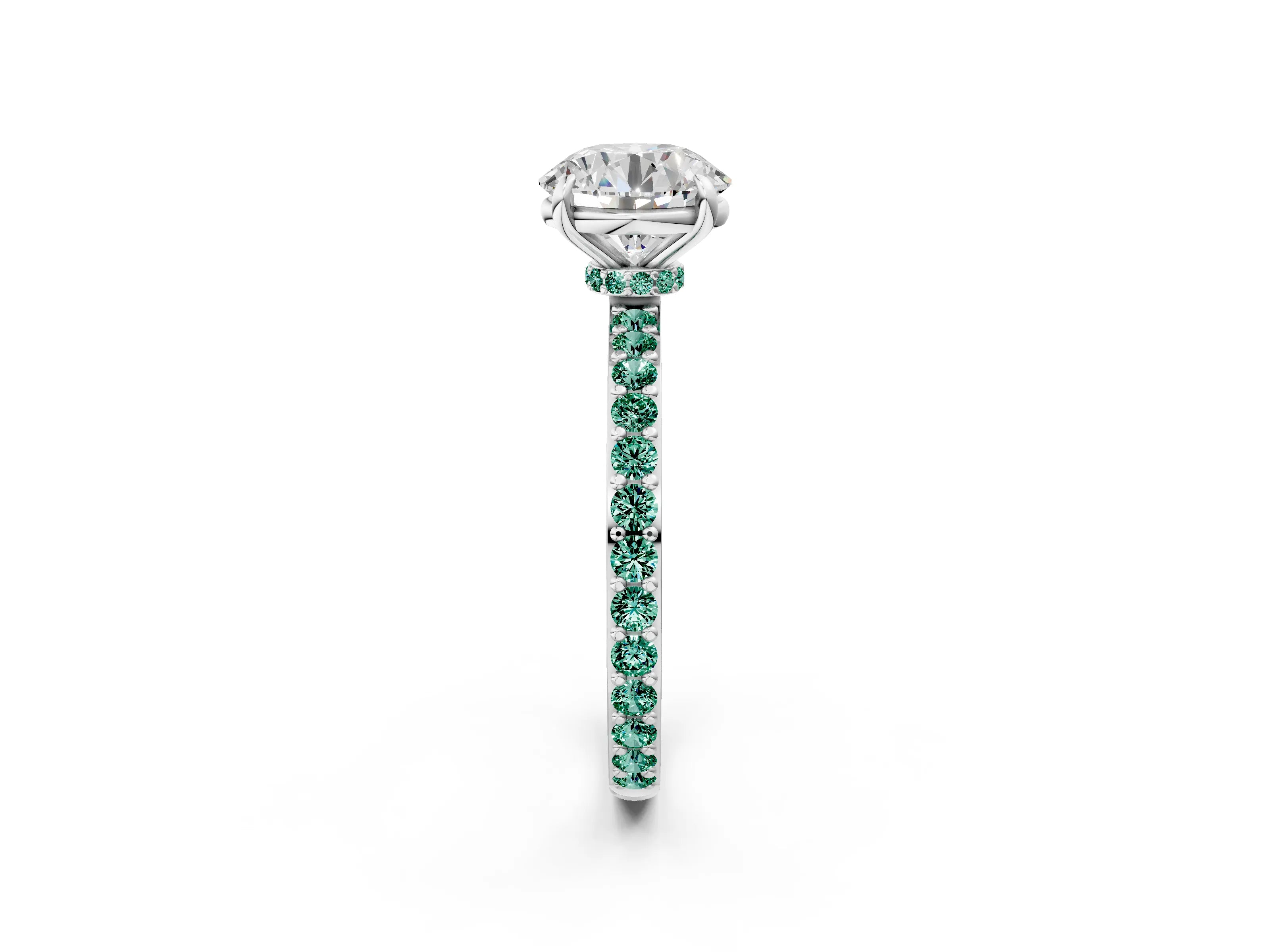 White gold Round Cut Diamond Pavé Engagement Ring with Round with Green Sapphire side stone Accents and Prong Setting_2