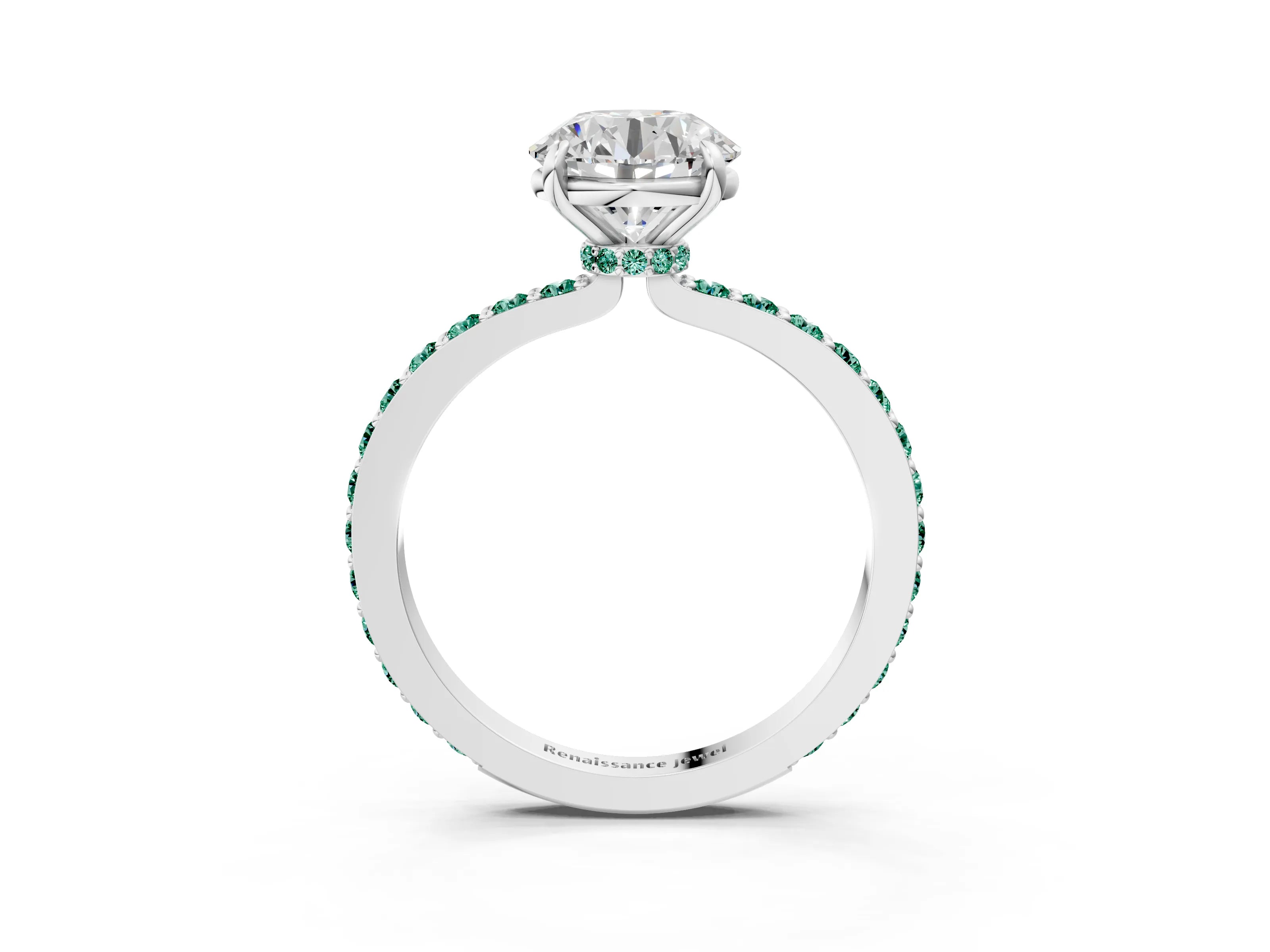 White gold Round Cut Diamond Pavé Engagement Ring with Round with Green Sapphire side stone Accents and Prong Setting_3