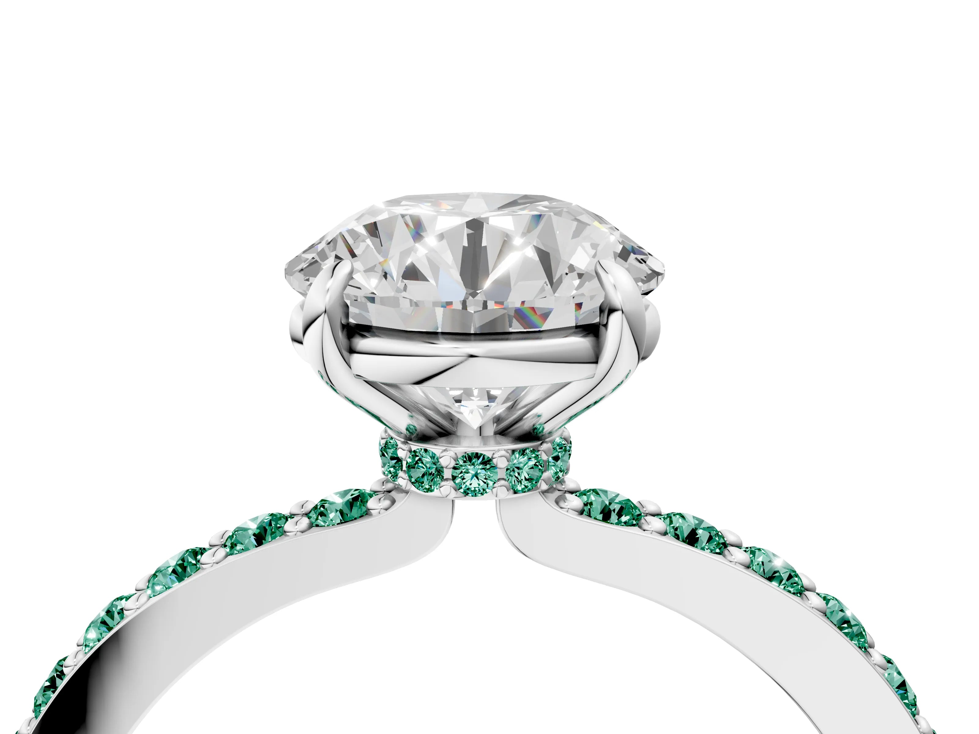 White gold Round Cut Diamond Pavé Engagement Ring with Round with Green Sapphire side stone Accents and Prong Setting_4