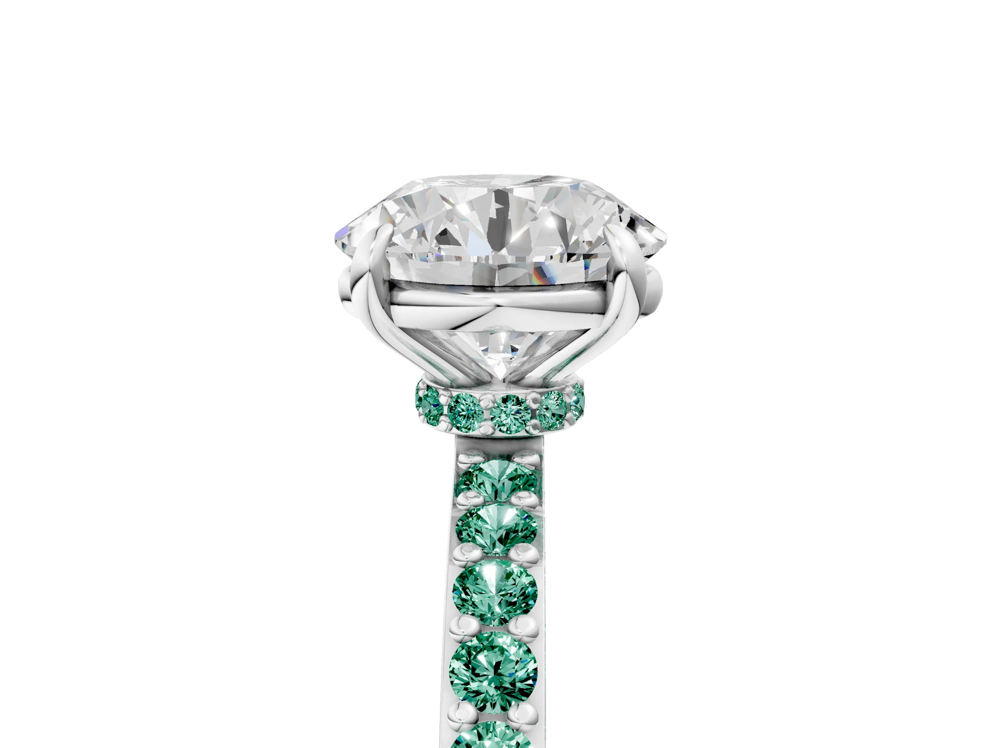 White gold Round Cut Diamond Pavé Engagement Ring with Round with Green Sapphire side stone Accents and Prong Setting_5
