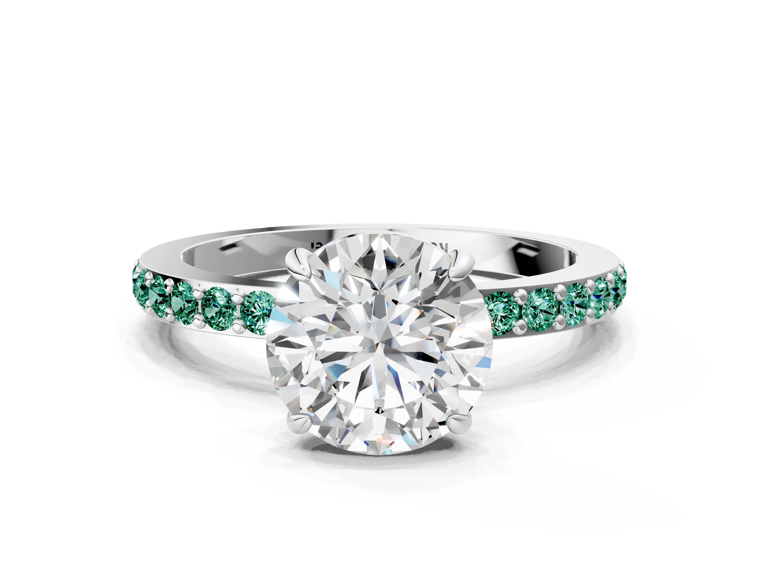 White gold Round Cut Diamond Pavé Engagement Ring with Round with Green Sapphire side stone Accents and Prong Setting_60