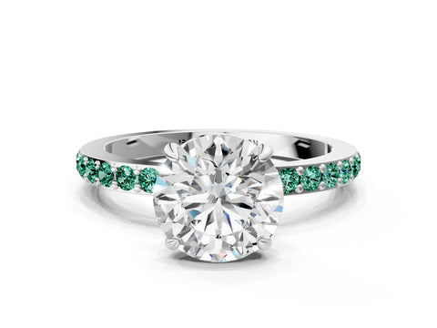 White gold Round Cut Diamond Pavé Engagement Ring with Round with Green Sapphire side stone Accents and Prong Setting_60