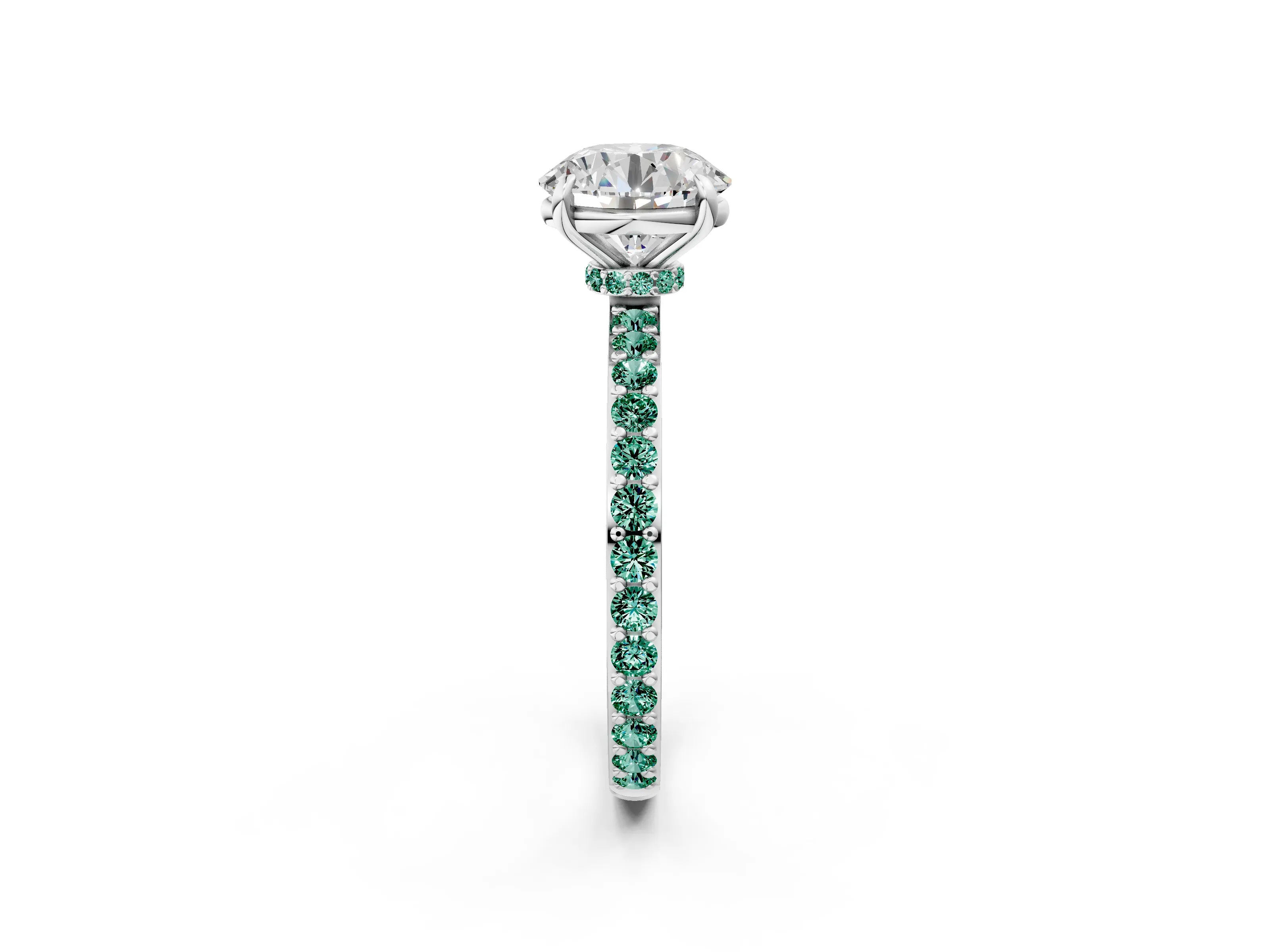 White gold Round Cut Diamond Pavé Engagement Ring with Round with Green Sapphire side stone Accents and Prong Setting_62