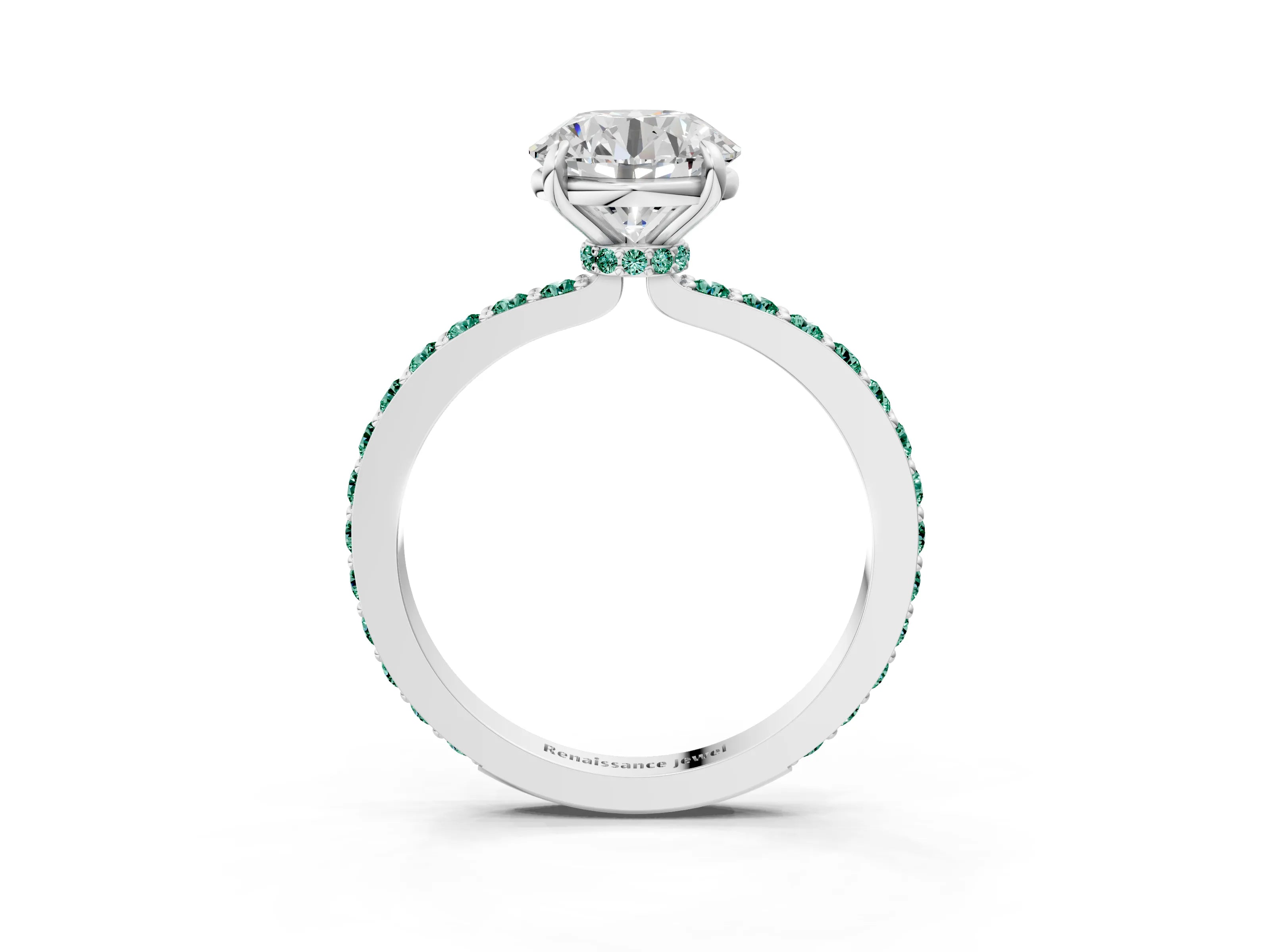 White gold Round Cut Diamond Pavé Engagement Ring with Round with Green Sapphire side stone Accents and Prong Setting_63