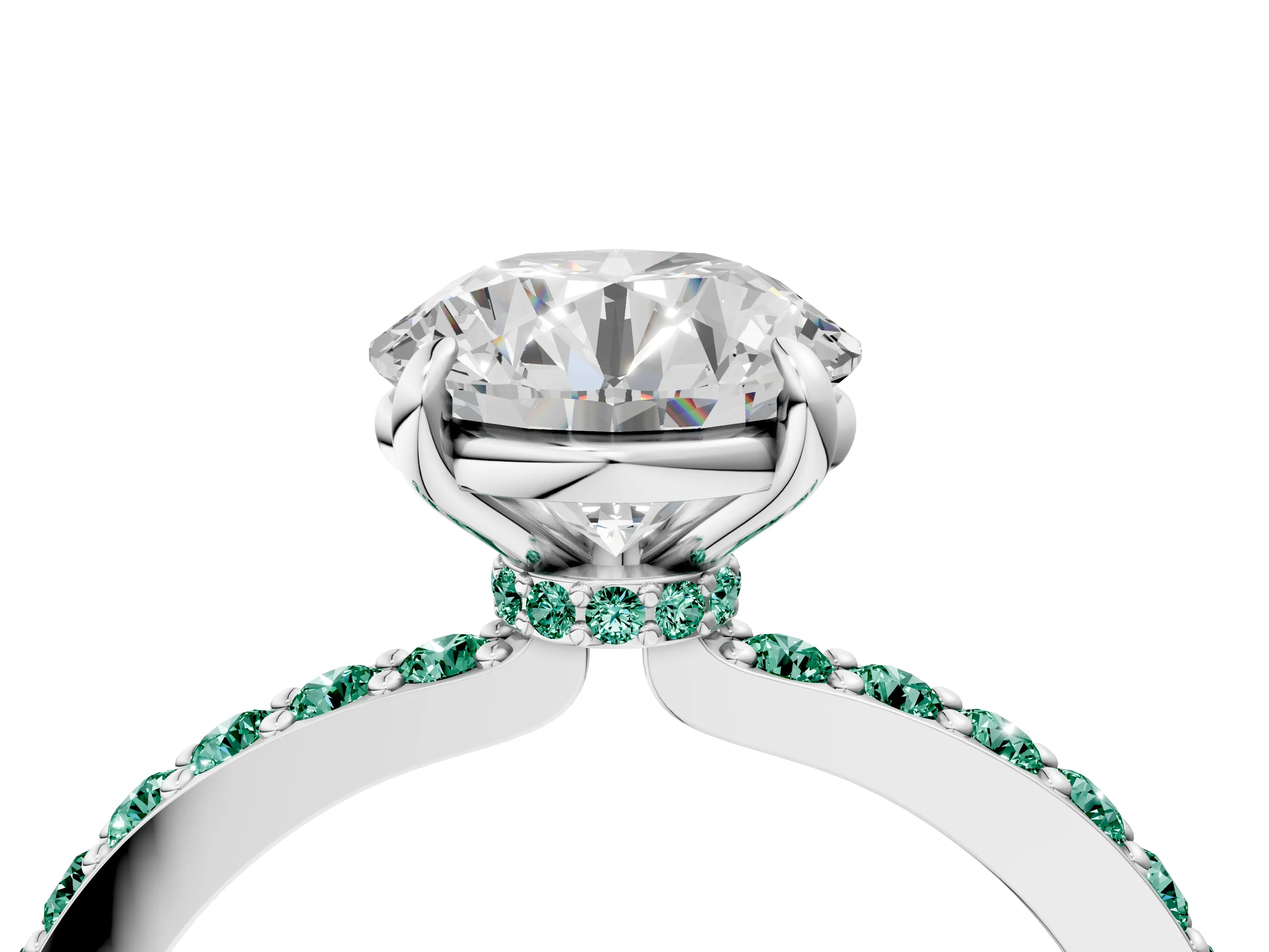 White gold Round Cut Diamond Pavé Engagement Ring with Round with Green Sapphire side stone Accents and Prong Setting_64