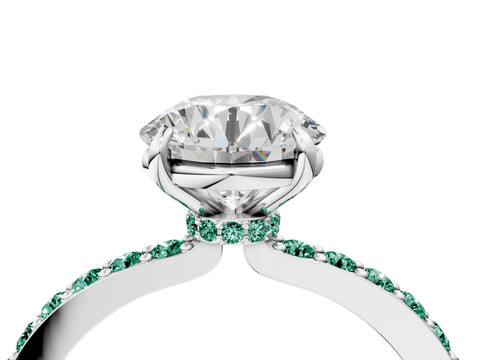 White gold Round Cut Diamond Pavé Engagement Ring with Round with Green Sapphire side stone Accents and Prong Setting_64