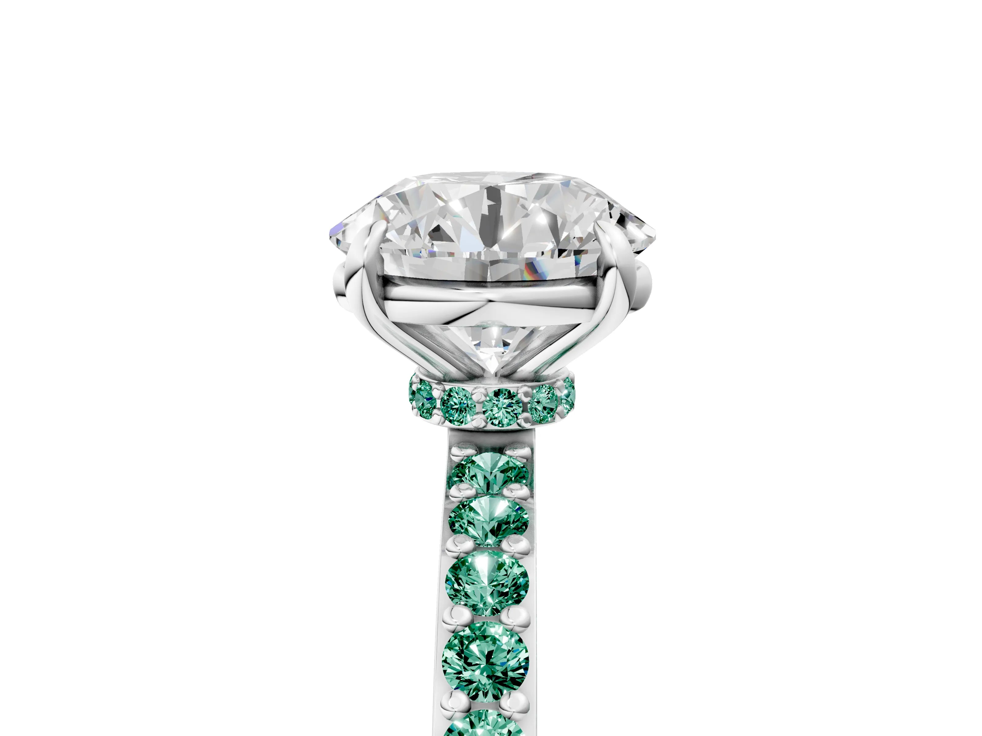 White gold Round Cut Diamond Pavé Engagement Ring with Round with Green Sapphire side stone Accents and Prong Setting_65