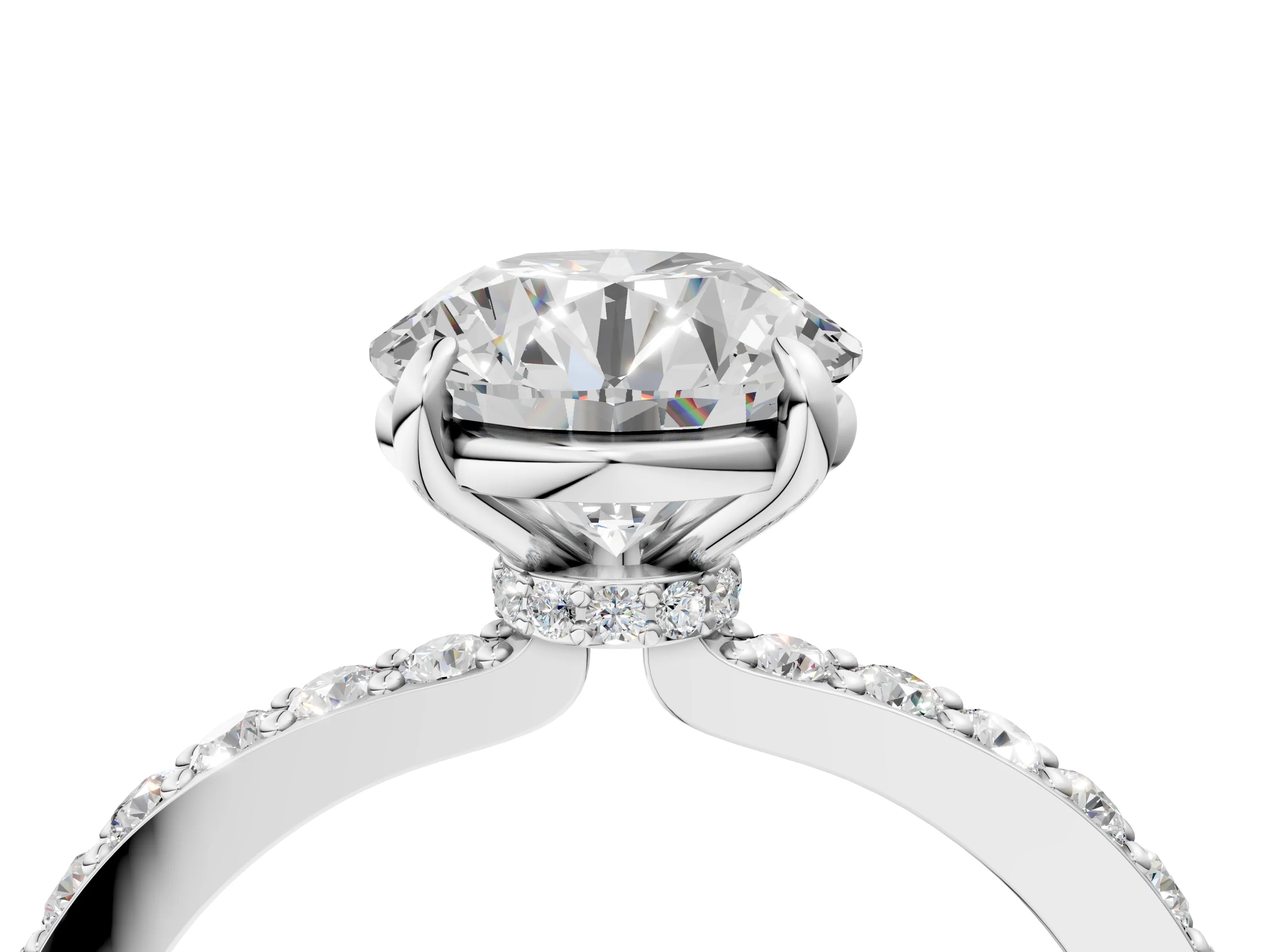 White gold Round Cut Diamond Pavé Engagement Ring with Round with Moissanite side stone Accents and Prong Setting_10