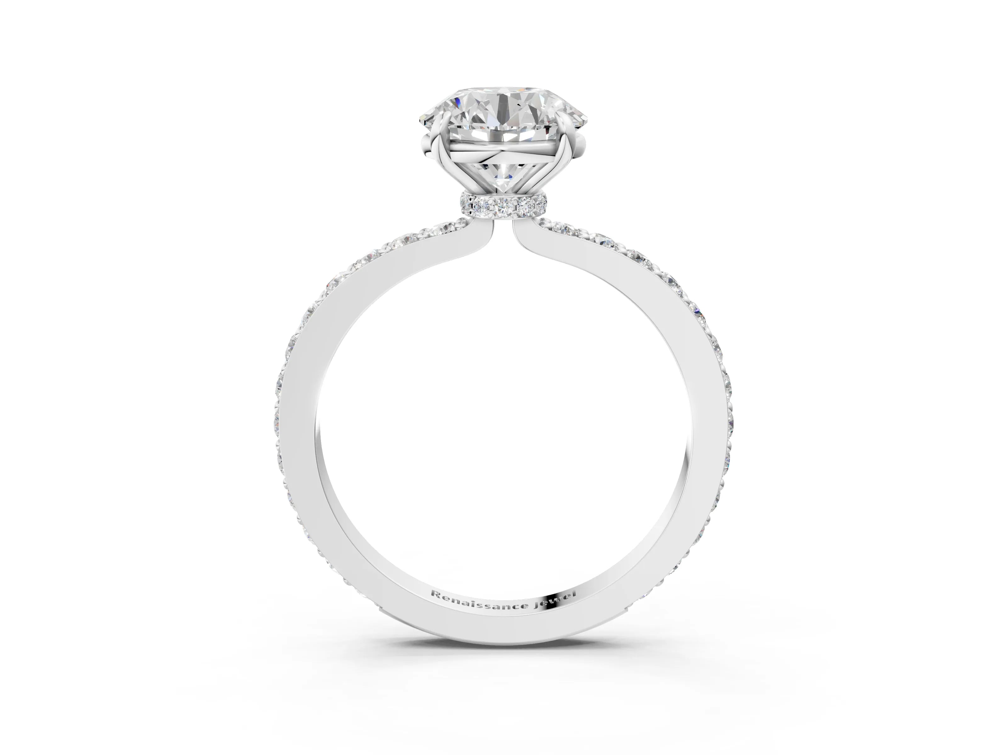 White gold Round Cut Diamond Pavé Engagement Ring with Round with Moissanite side stone Accents and Prong Setting_3