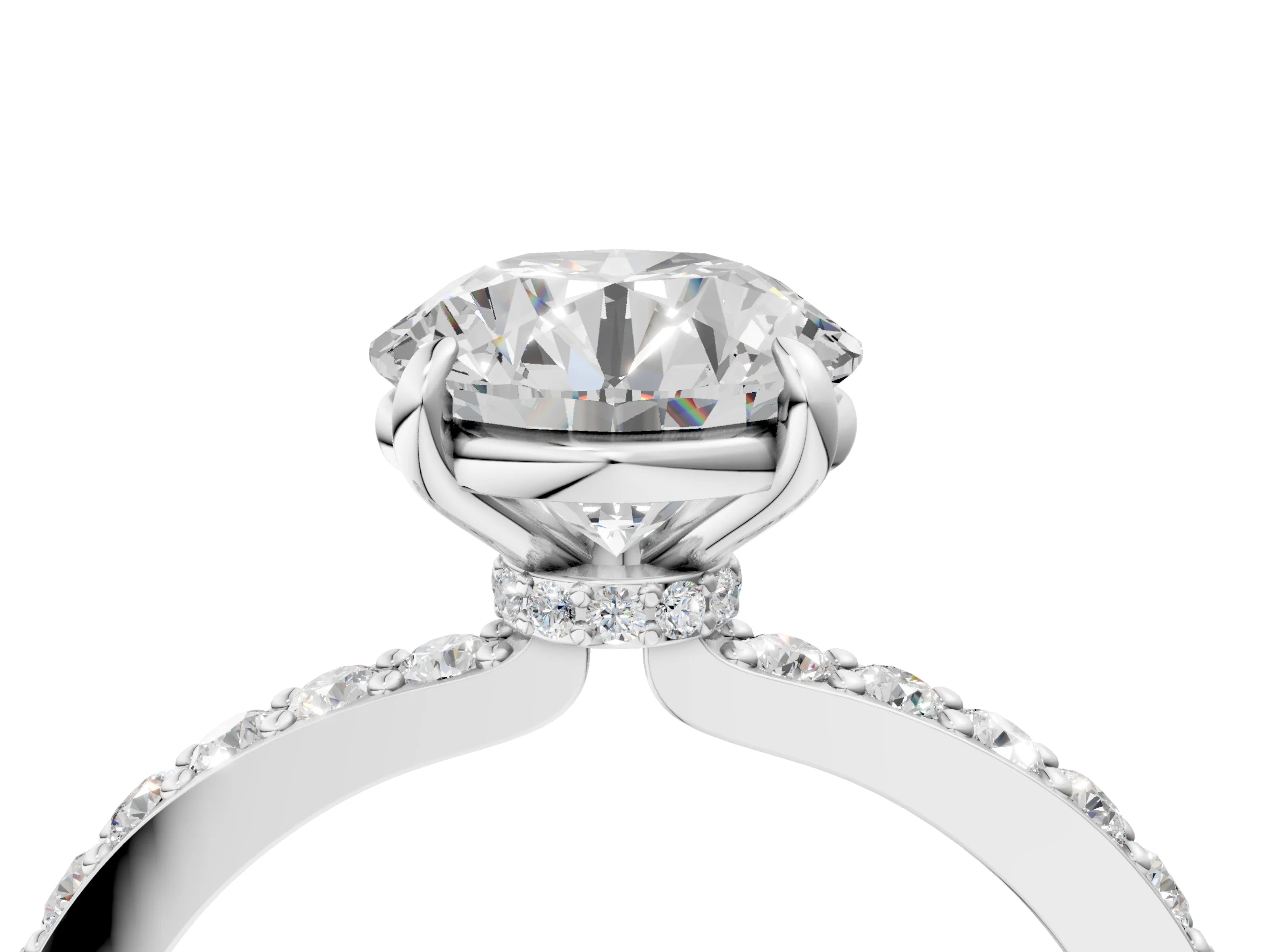 White gold Round Cut Diamond Pavé Engagement Ring with Round with Moissanite side stone Accents and Prong Setting_4