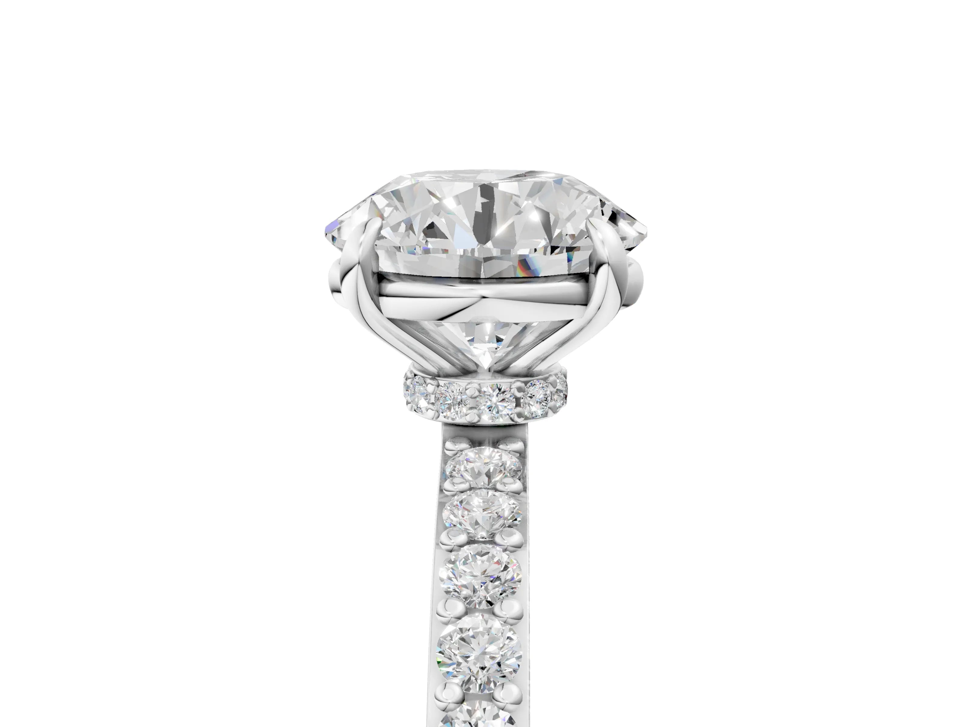White gold Round Cut Diamond Pavé Engagement Ring with Round with Moissanite side stone Accents and Prong Setting_5
