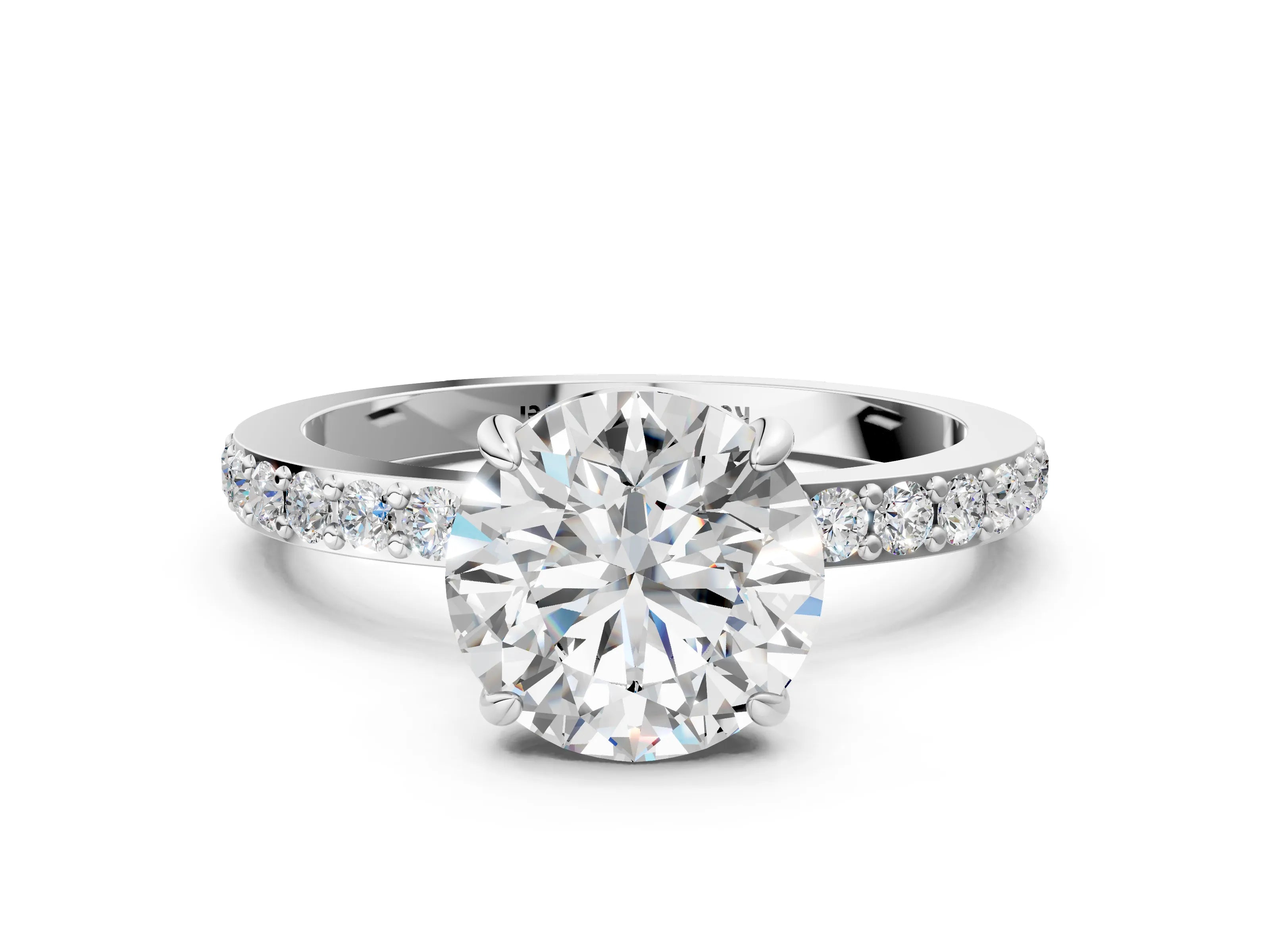 White gold Round Cut Diamond Pavé Engagement Ring with Round with Moissanite side stone Accents and Prong Setting_6