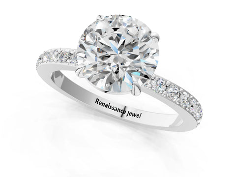 White gold Round Cut Diamond Pavé Engagement Ring with Round with Moissanite side stone Accents and Prong Setting_7