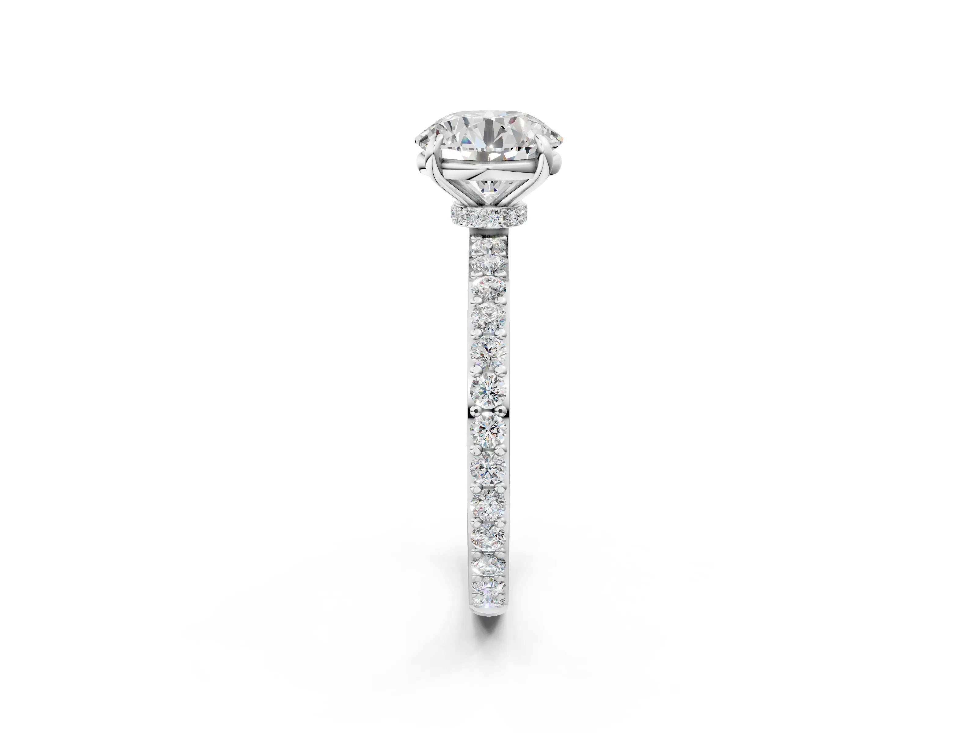 White gold Round Cut Diamond Pavé Engagement Ring with Round with Moissanite side stone Accents and Prong Setting_8