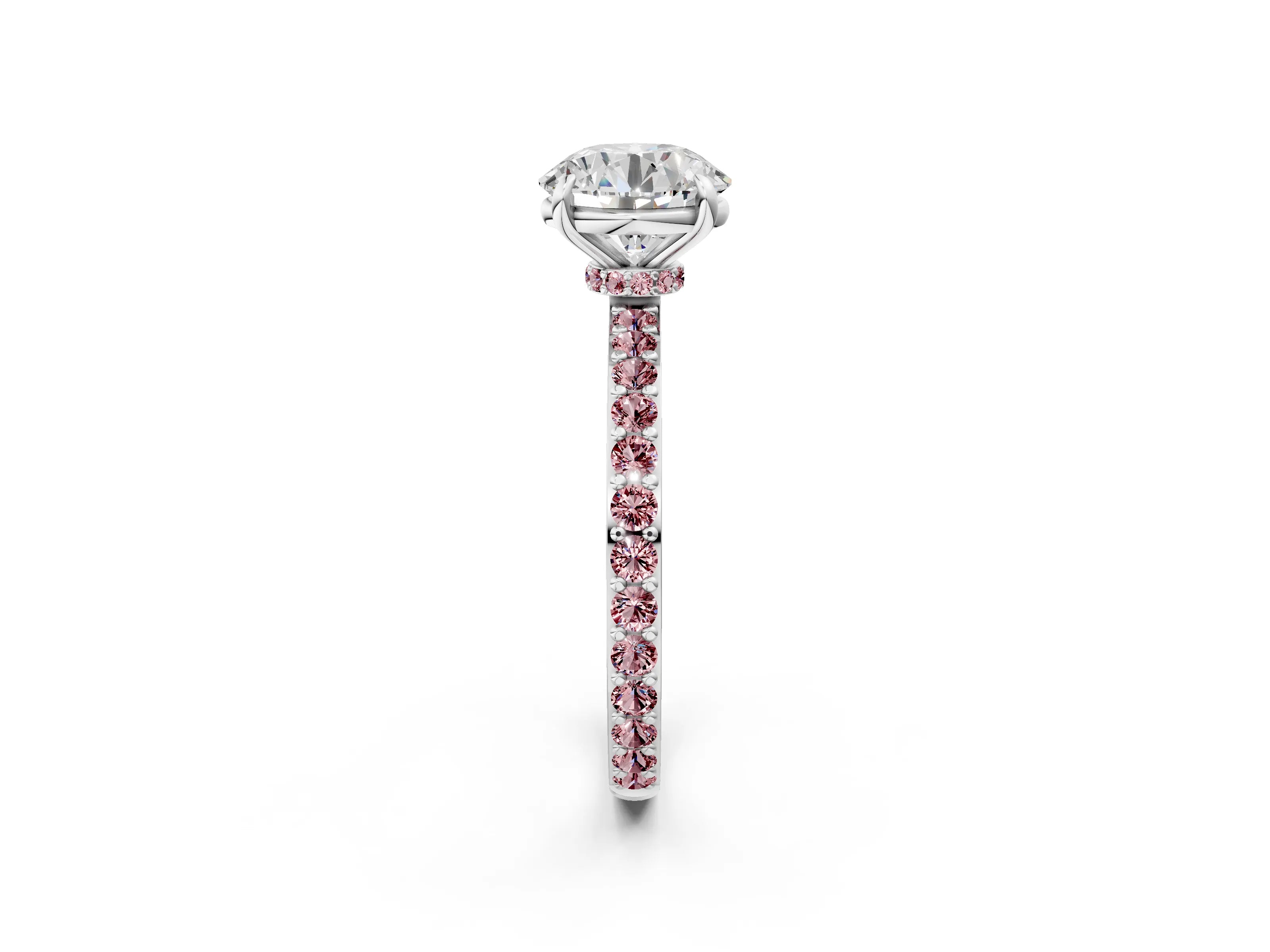 White gold Round Cut Diamond Pavé Engagement Ring with Round with Morganite side stone Accents and Prong Setting_38