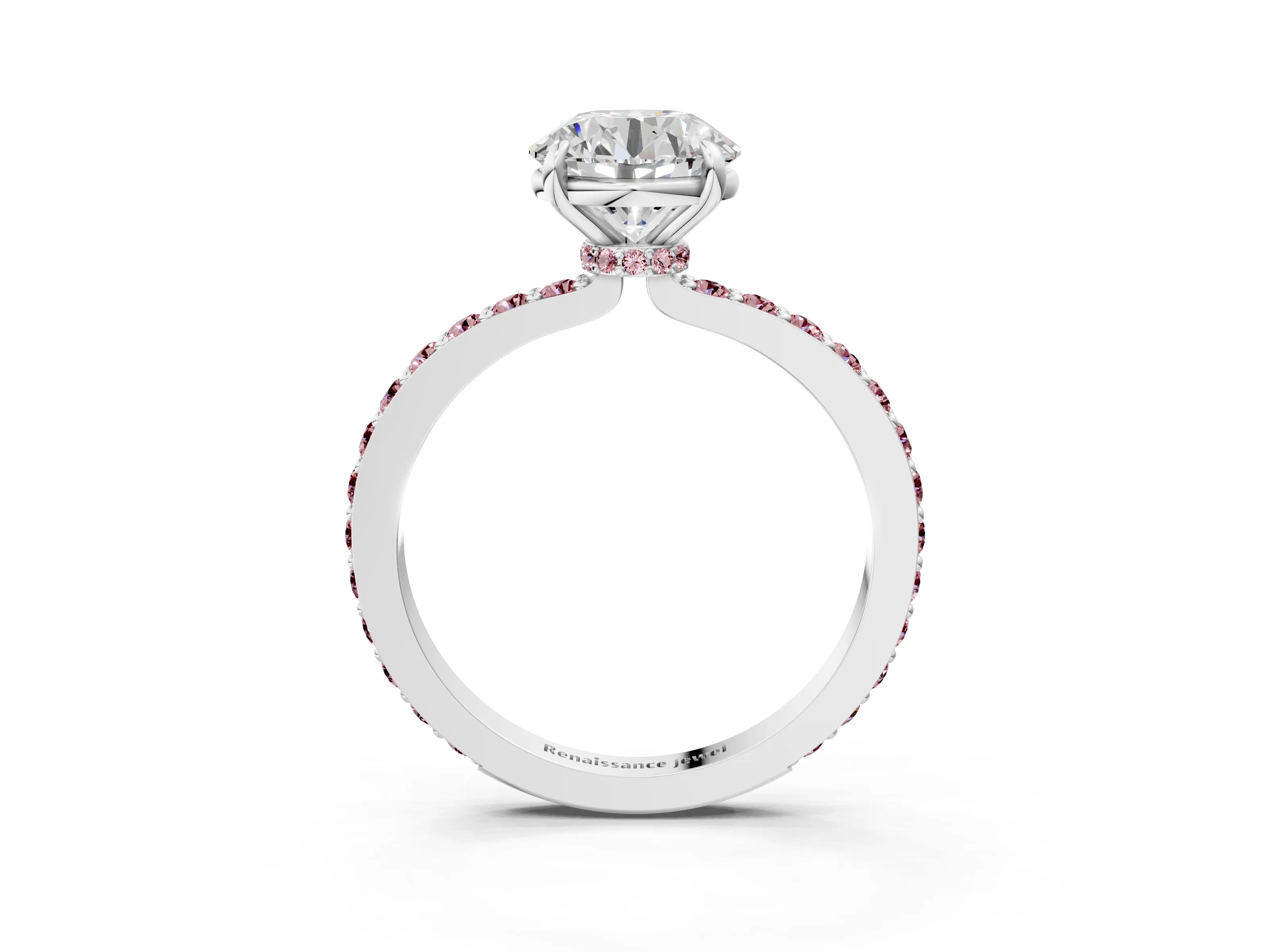 White gold Round Cut Diamond Pavé Engagement Ring with Round with Morganite side stone Accents and Prong Setting_39