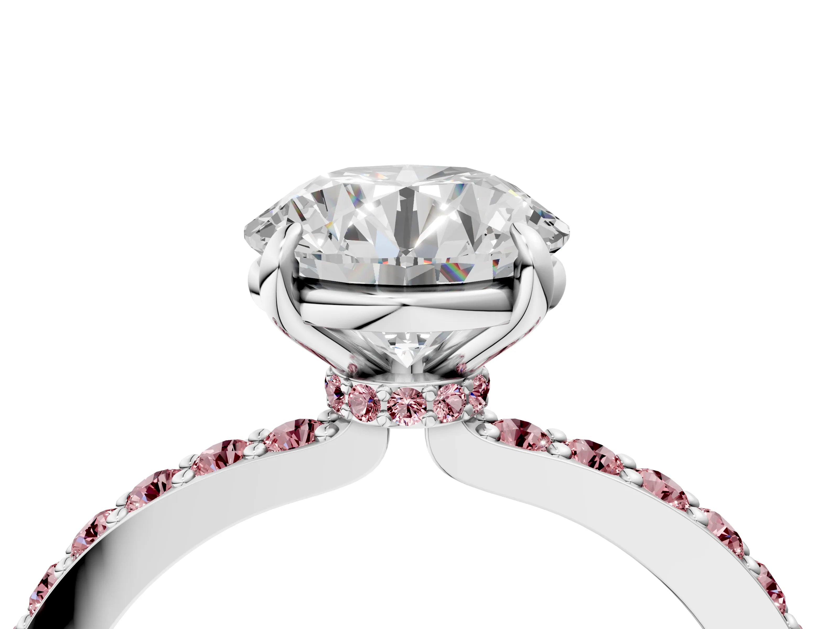 White gold Round Cut Diamond Pavé Engagement Ring with Round with Morganite side stone Accents and Prong Setting_40