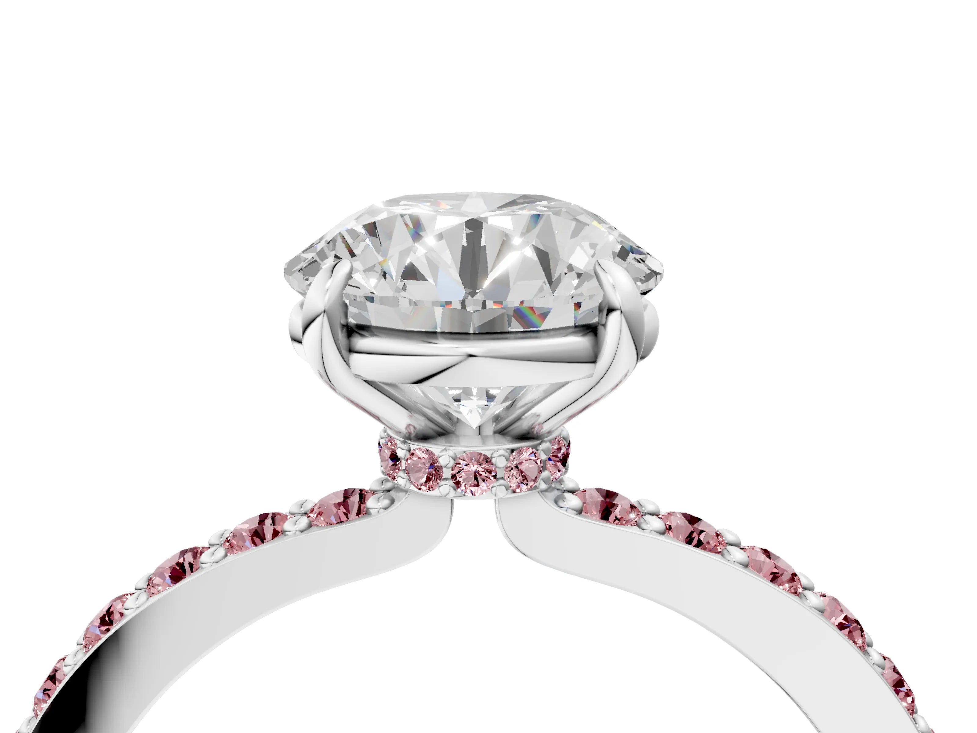 White gold Round Cut Diamond Pavé Engagement Ring with Round with Morganite side stone Accents and Prong Setting_4