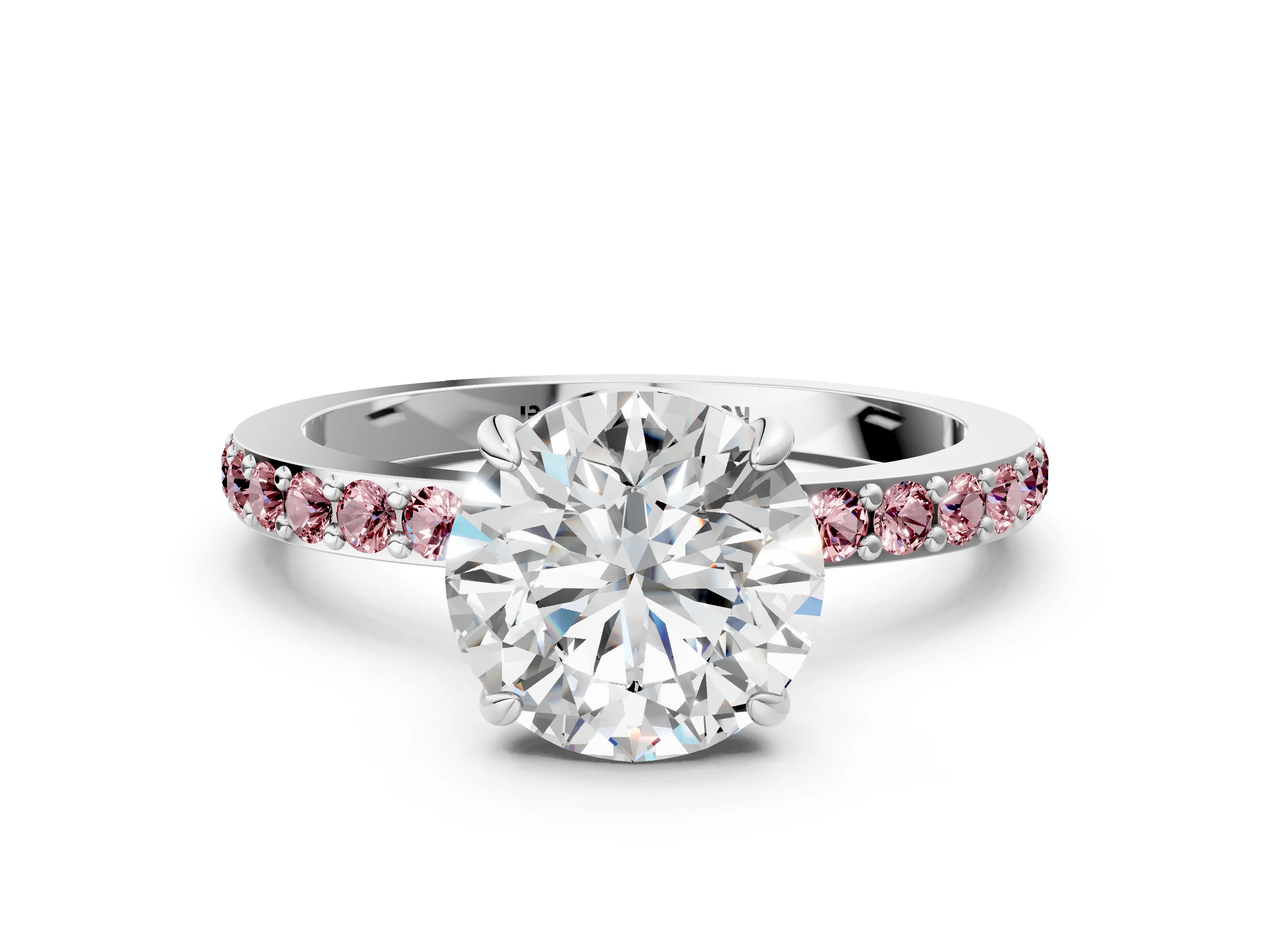 White gold Round Cut Diamond Pavé Engagement Ring with Round with Morganite side stone Accents and Prong Setting