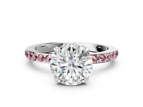 White gold Round Cut Diamond Pavé Engagement Ring with Round with Morganite side stone Accents and Prong Setting
