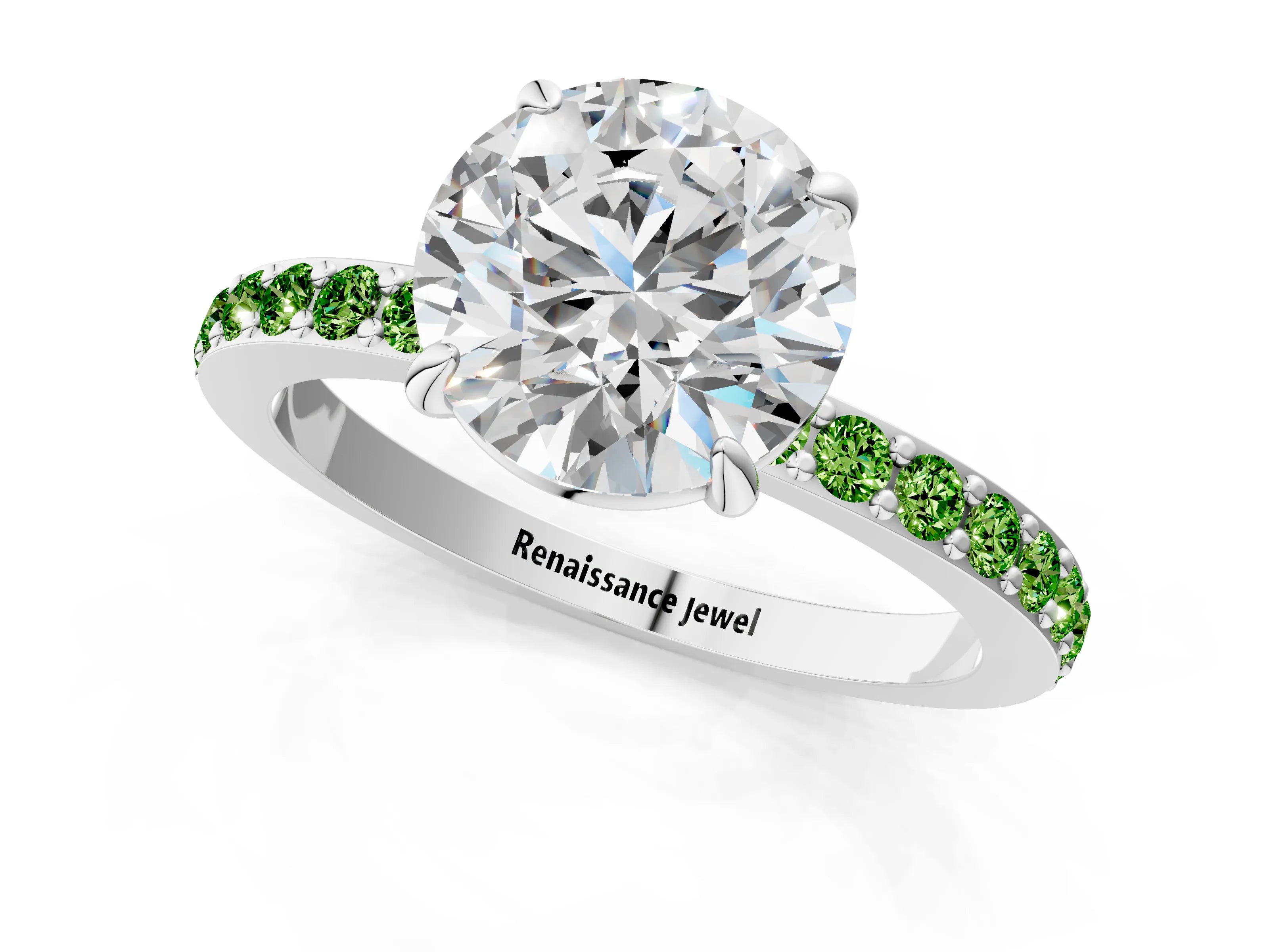 White gold Round Cut Diamond Pavé Engagement Ring with Round with Peridot side stone Accents and Prong Setting_1