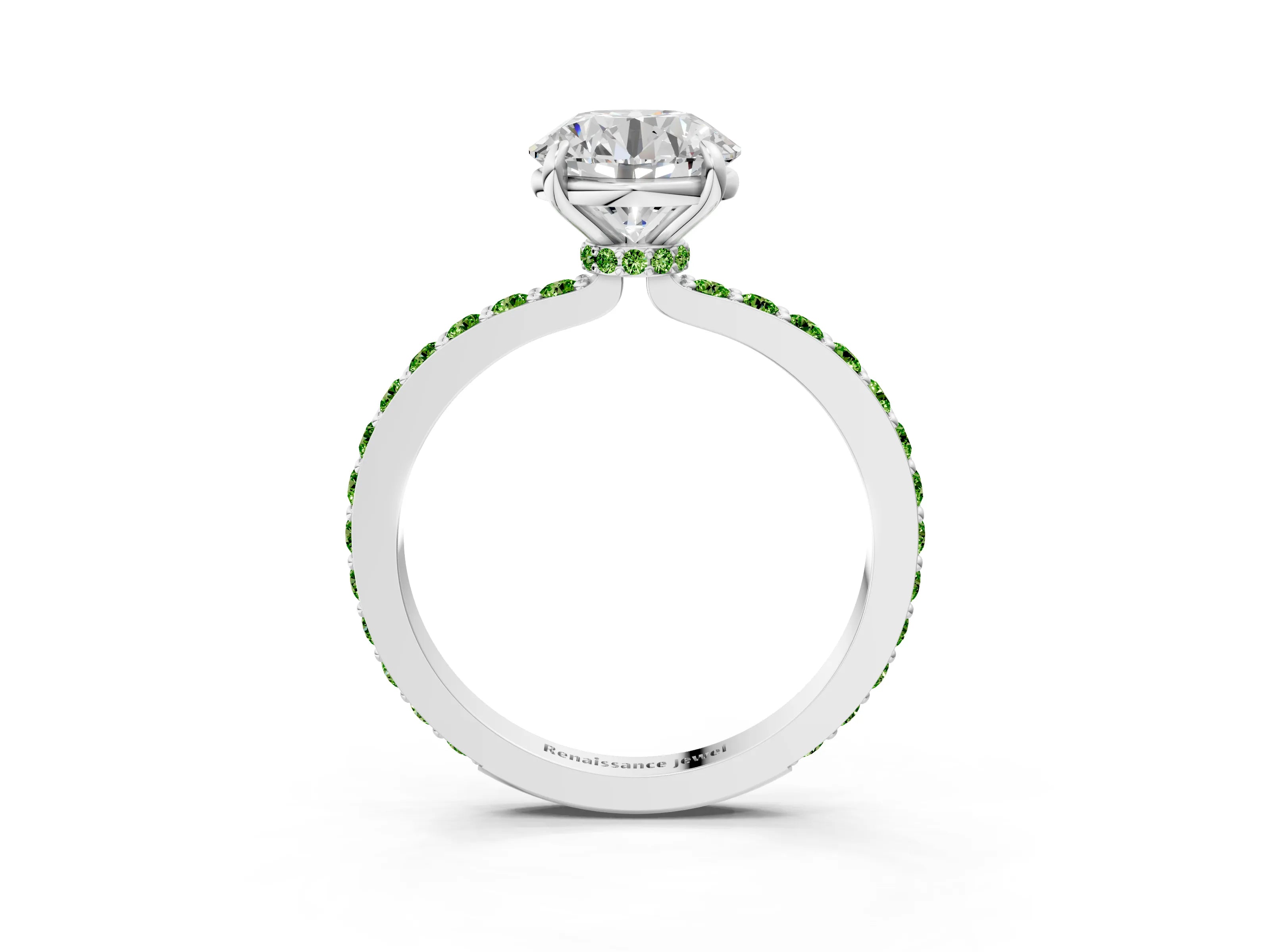 White gold Round Cut Diamond Pavé Engagement Ring with Round with Peridot side stone Accents and Prong Setting_3