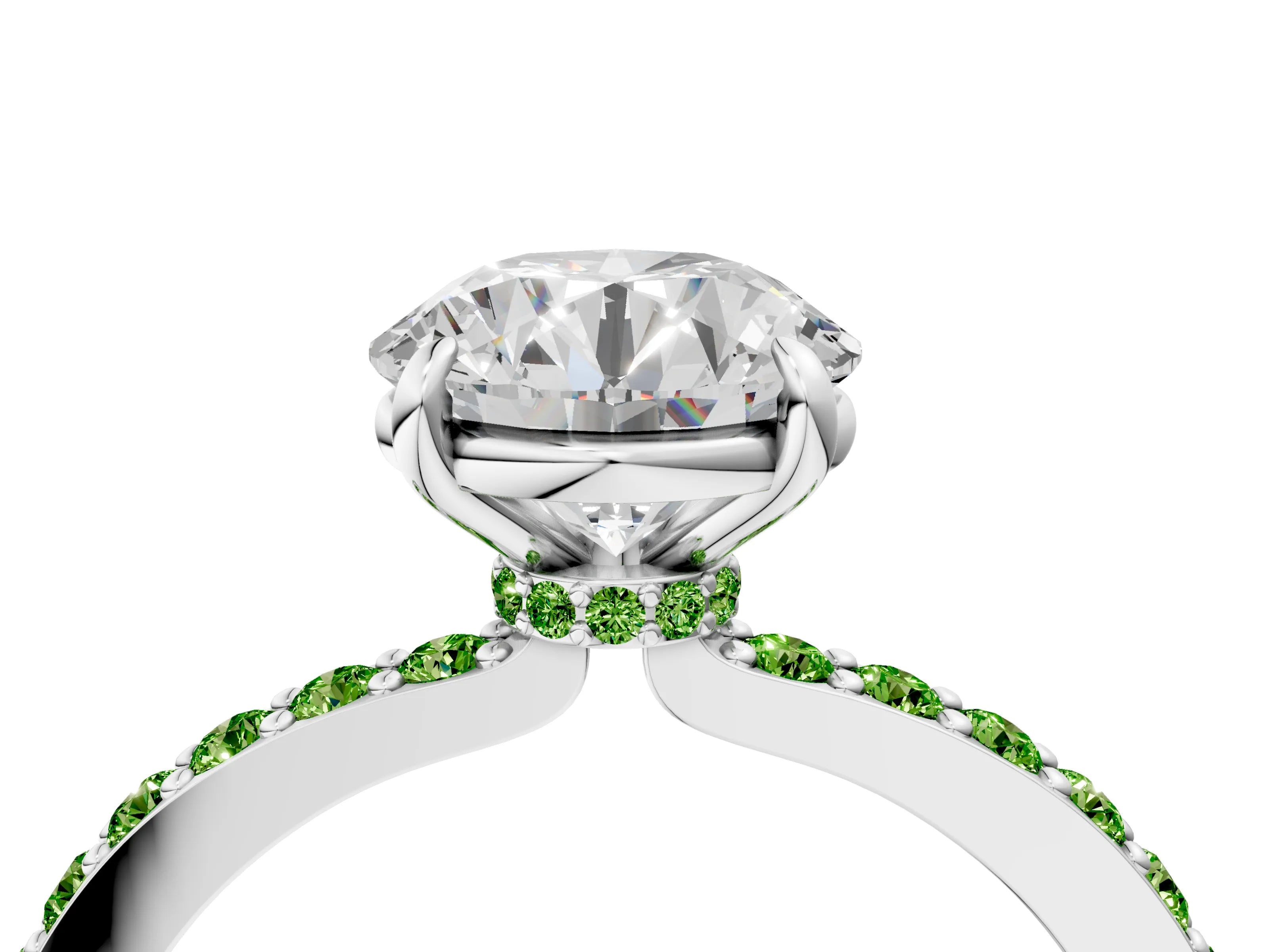 White gold Round Cut Diamond Pavé Engagement Ring with Round with Peridot side stone Accents and Prong Setting_4