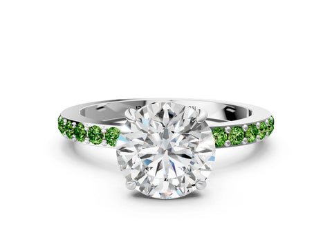 White gold Round Cut Diamond Pavé Engagement Ring with Round with Peridot side stone Accents and Prong Setting