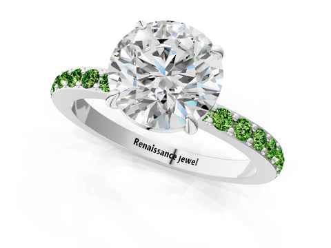 White gold Round Cut Diamond Pavé Engagement Ring with Round with Peridot side stone Accents and Prong Setting_43