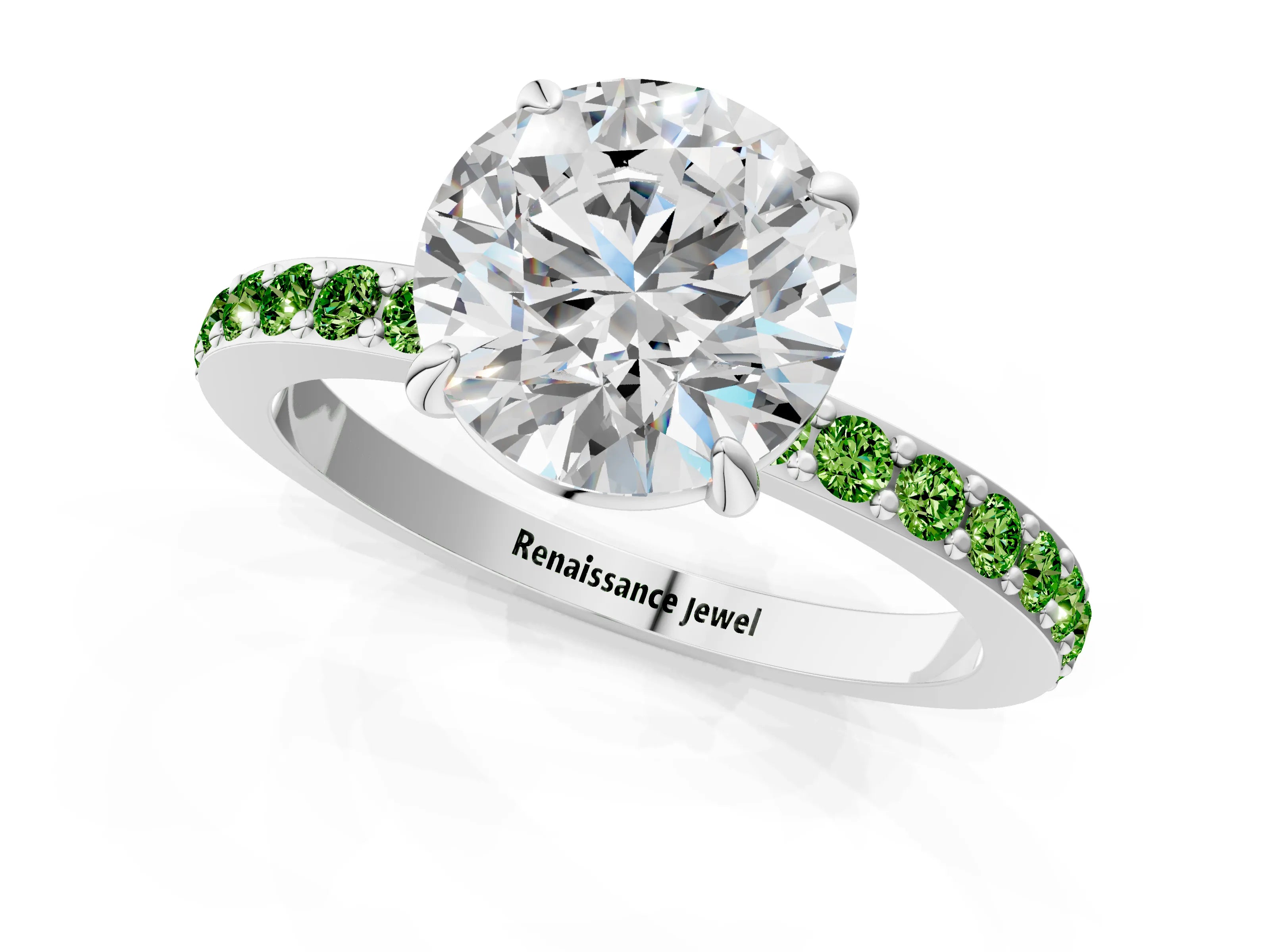 White gold Round Cut Diamond Pavé Engagement Ring with Round with Peridot side stone Accents and Prong Setting_43
