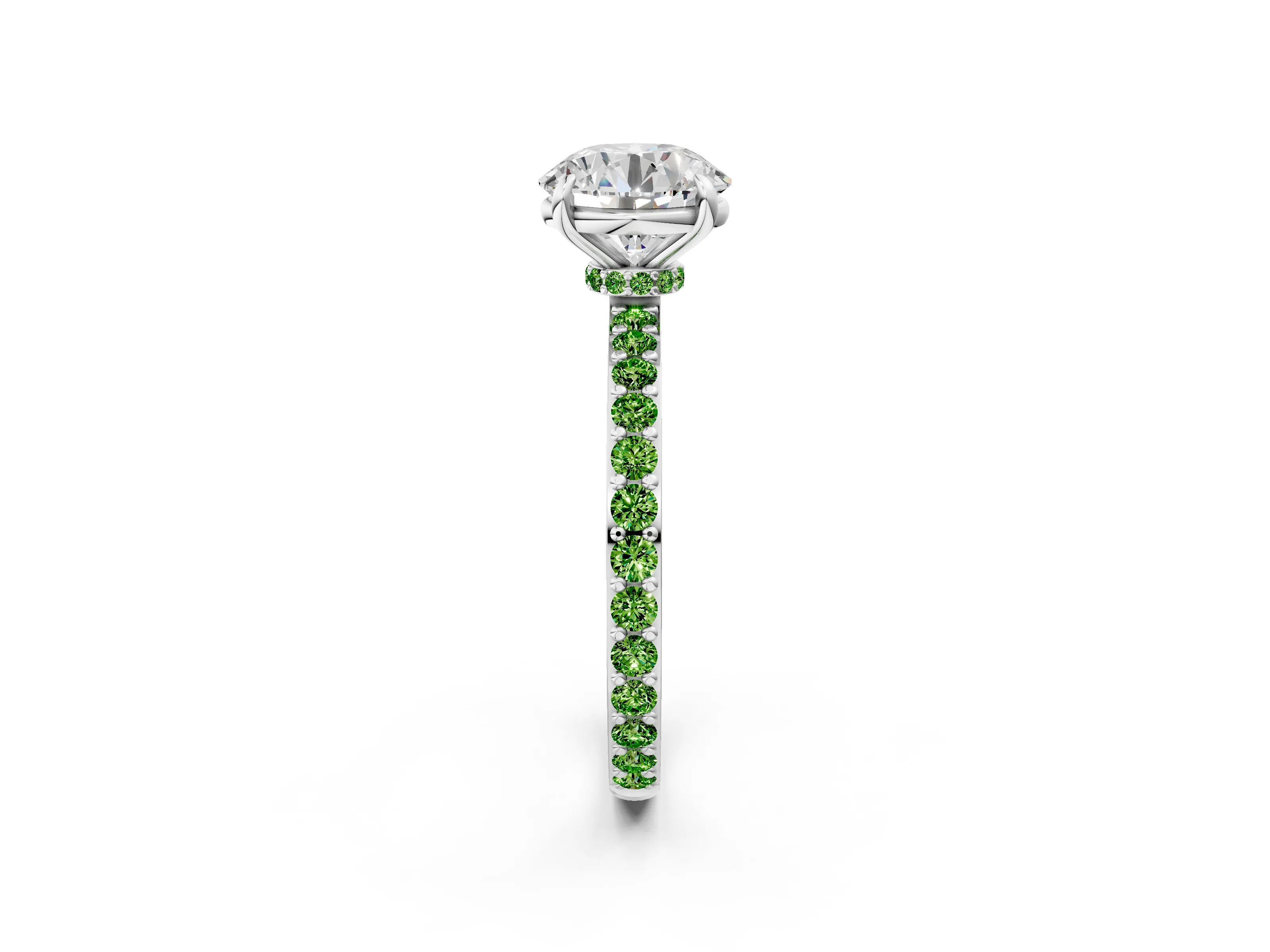 White gold Round Cut Diamond Pavé Engagement Ring with Round with Peridot side stone Accents and Prong Setting_44