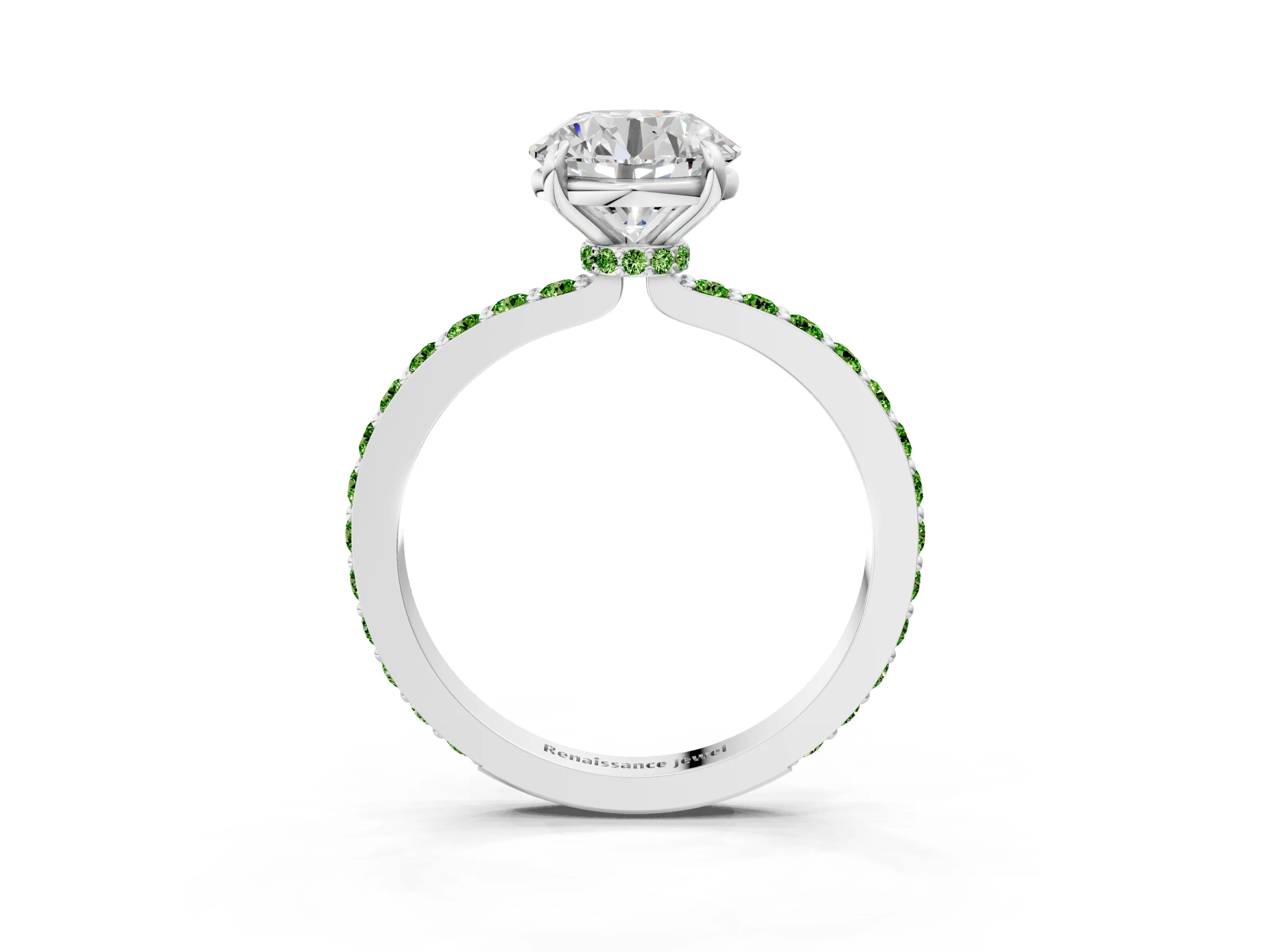 White gold Round Cut Diamond Pavé Engagement Ring with Round with Peridot side stone Accents and Prong Setting_45