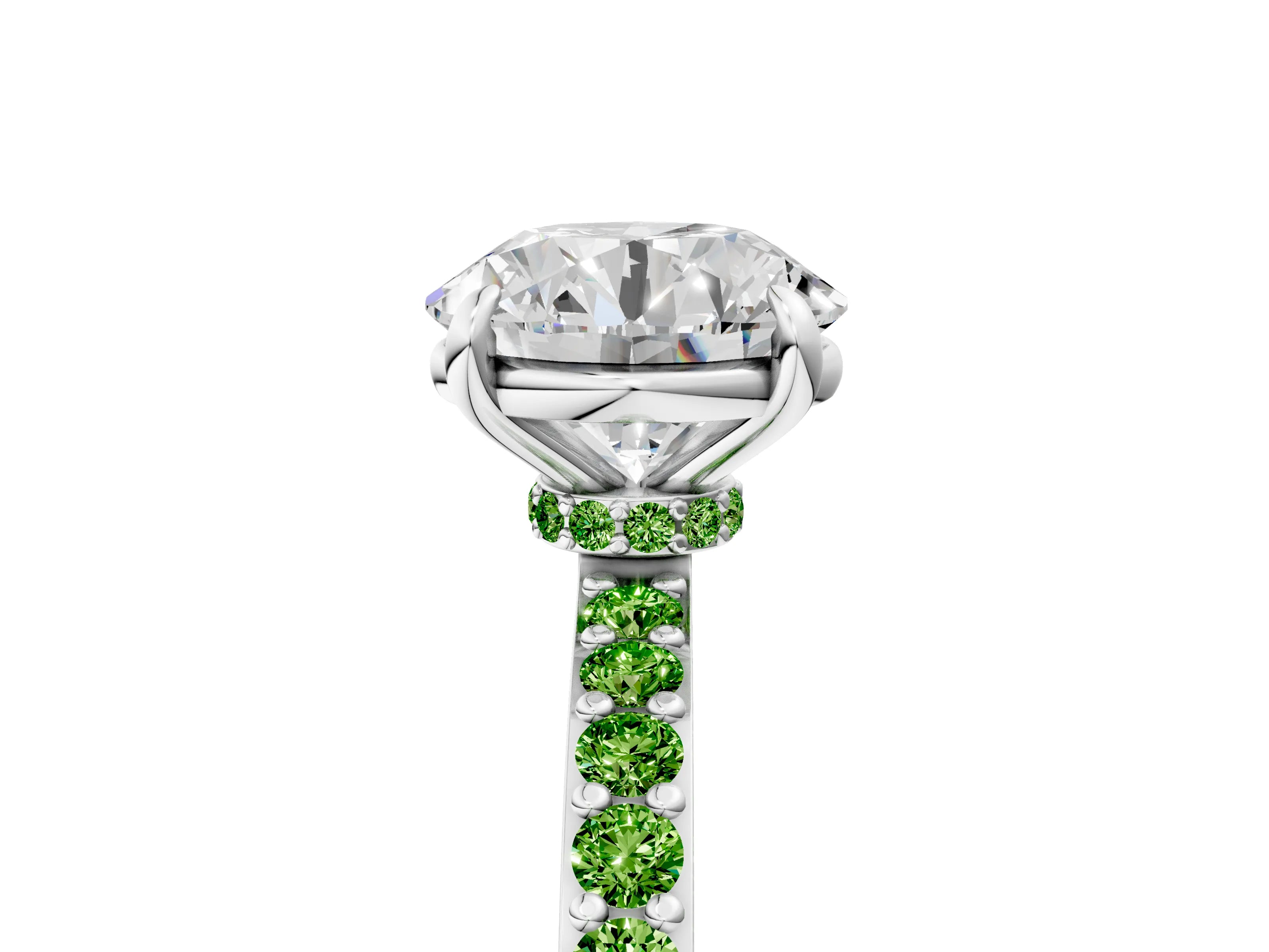 White gold Round Cut Diamond Pavé Engagement Ring with Round with Peridot side stone Accents and Prong Setting_47