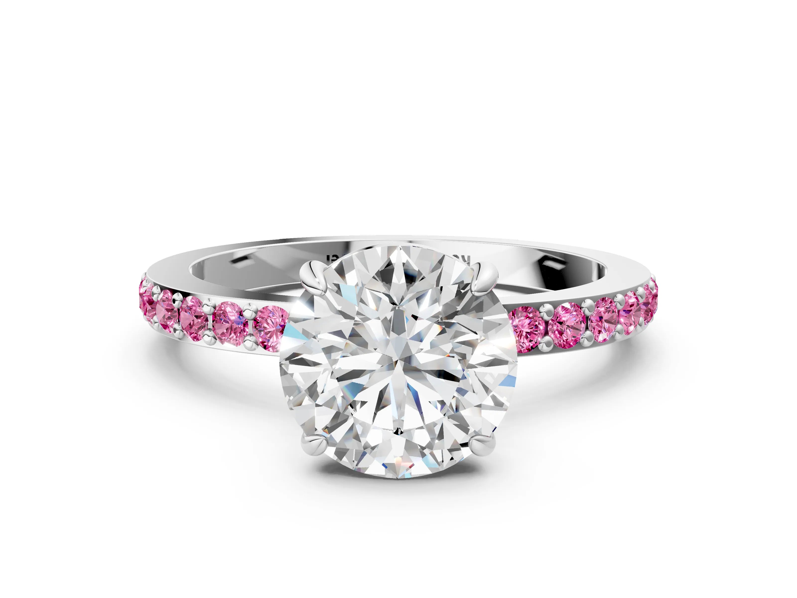 White gold Round Cut Diamond Pavé Engagement Ring with Round with Pink Sapphire side stone Accents and Prong Setting
