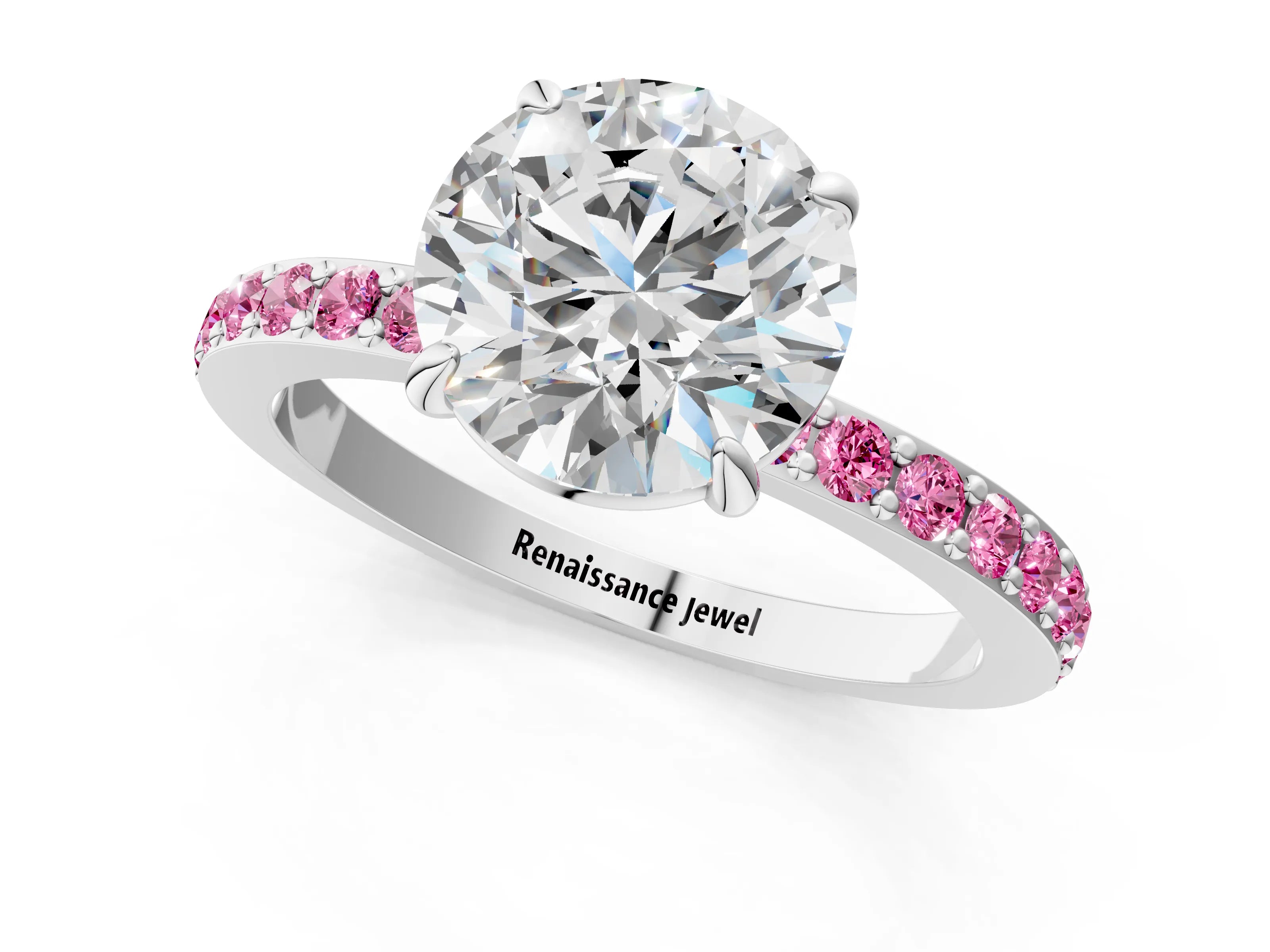 White gold Round Cut Diamond Pavé Engagement Ring with Round with Pink Sapphire side stone Accents and Prong Setting_1