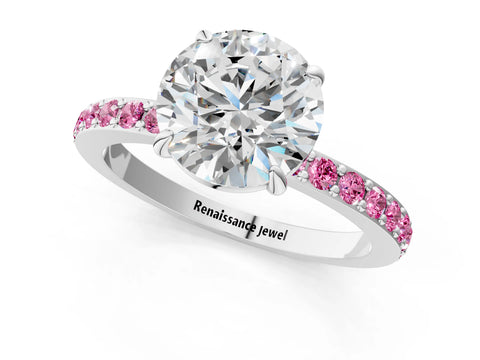 White gold Round Cut Diamond Pavé Engagement Ring with Round with Pink Sapphire side stone Accents and Prong Setting_1