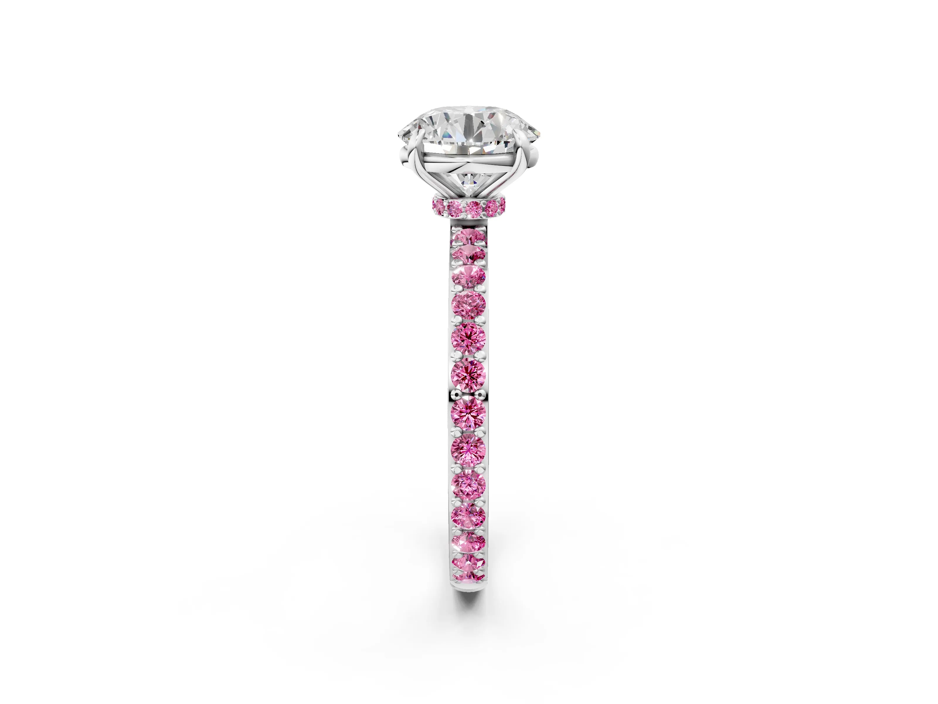 White gold Round Cut Diamond Pavé Engagement Ring with Round with Pink Sapphire side stone Accents and Prong Setting_2